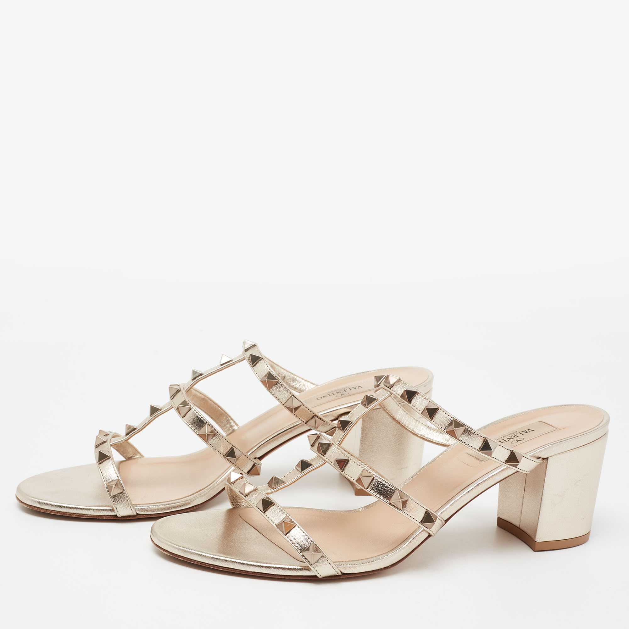 

Valentino Light Gold Leather Rockstud Block Heel Slide Sandals Size