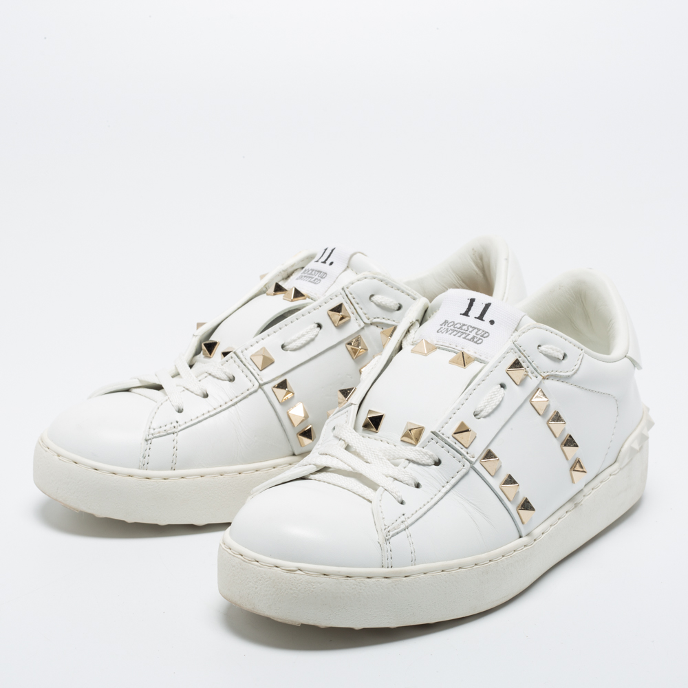 

Valentino White Leather Rockstud Low-Top Sneakers Size