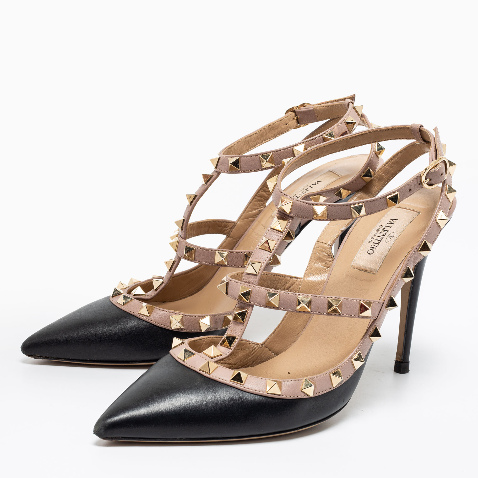 

Valentino Black/Beige Leather Rockstud Ankle Strap Sandals Size