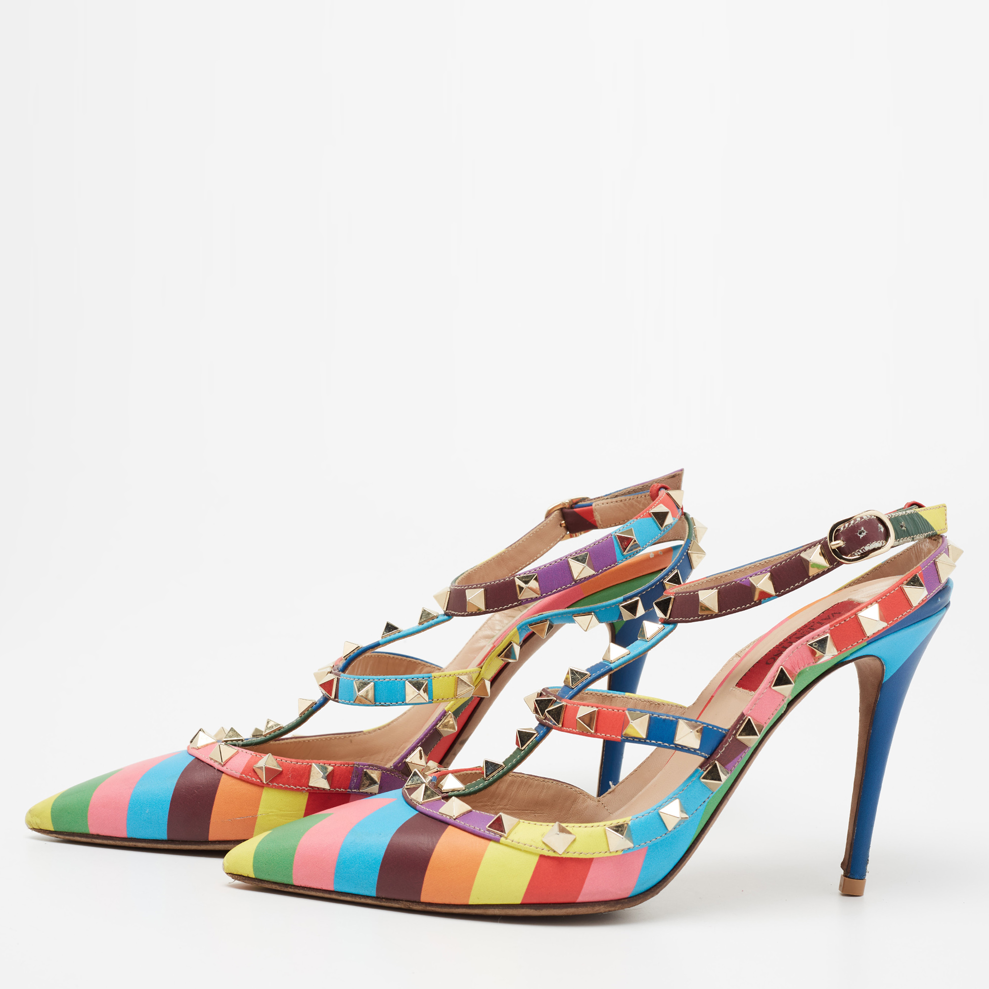 

Valentino Multicolor Leather Rockstud Ankle-Strap Pumps Size