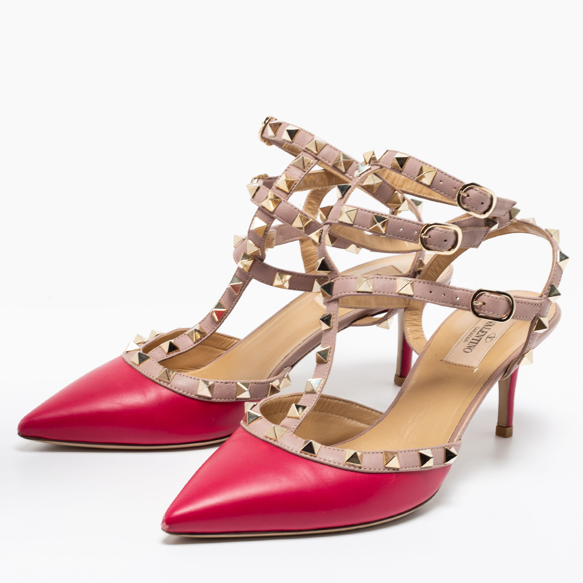 

Valentino Two-Tone Leather Rockstud Ankle-Strap Pumps Size, Pink
