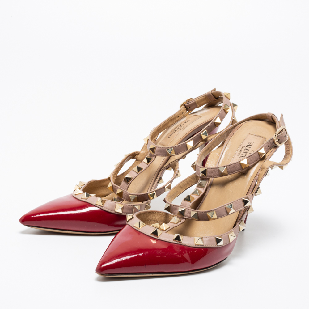 

Valentino Red Patent Leather Rockstud Caged Ankle Strap Pumps Size