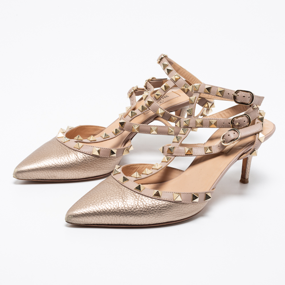 

Valentino Rose Gold Leather Rockstud Ankle-Strap Pumps Size