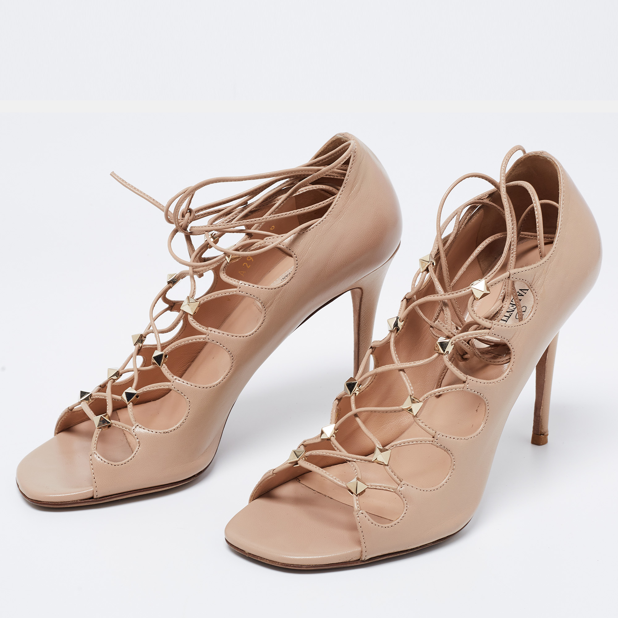 

Valentino Beige Leather Rockstud Open Toe Lace Up Ankle Tie Pumps Size