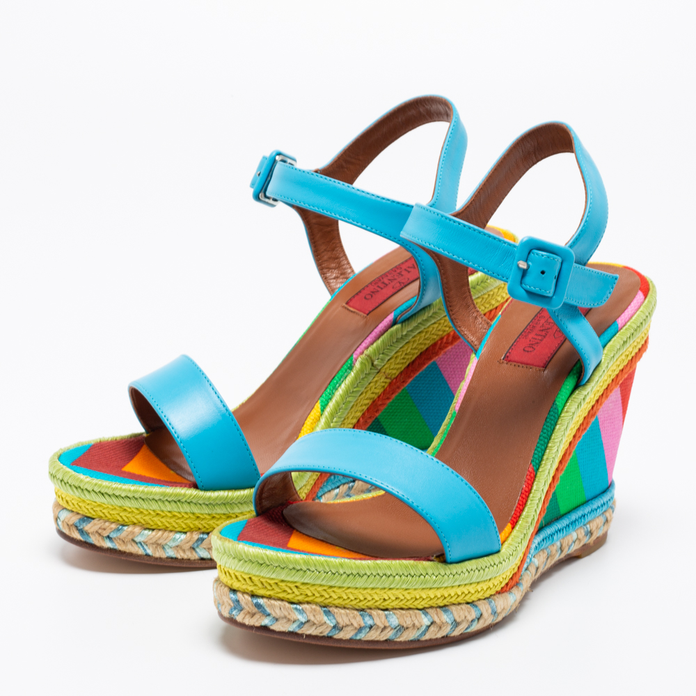 

Valentino Blue Leather Rainbow Chevron Wedge Ankle Strap Sandals Size