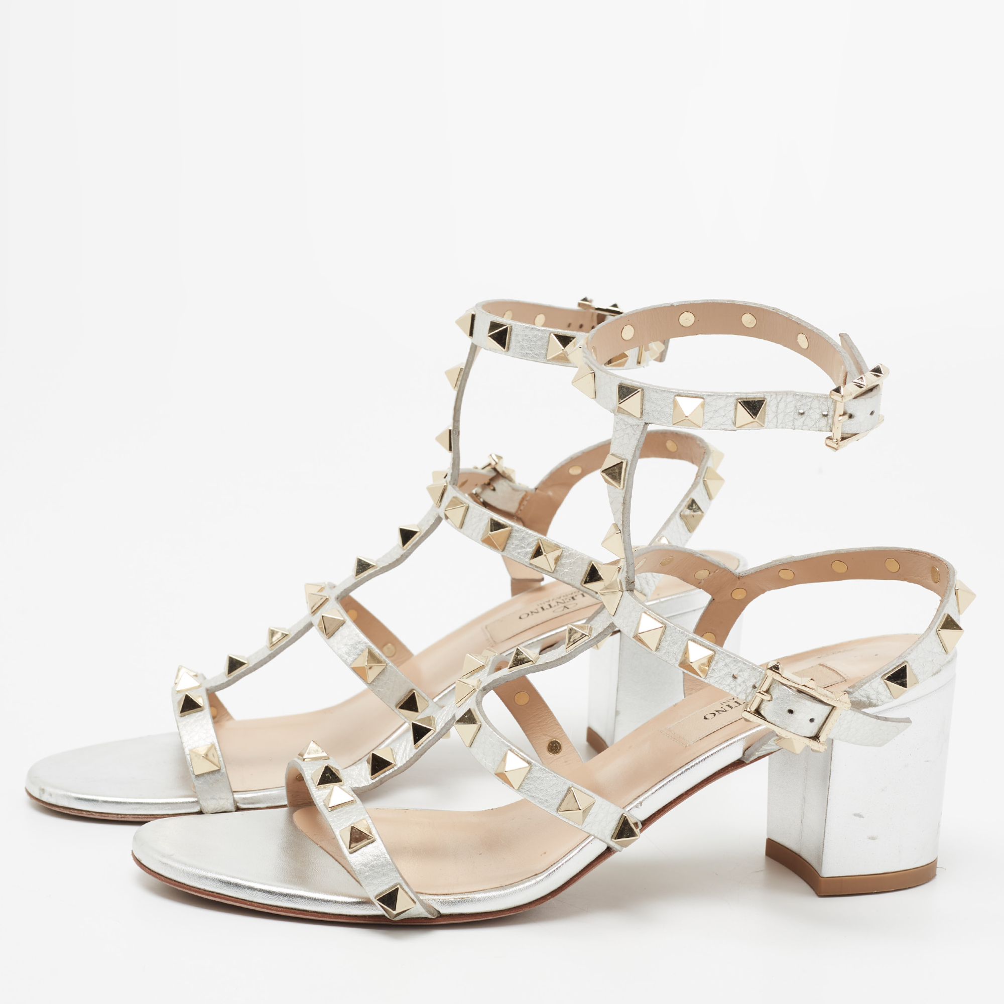 

Valentino Silver Leather Rockstud Block Heel Ankle-Strap Sandals Size