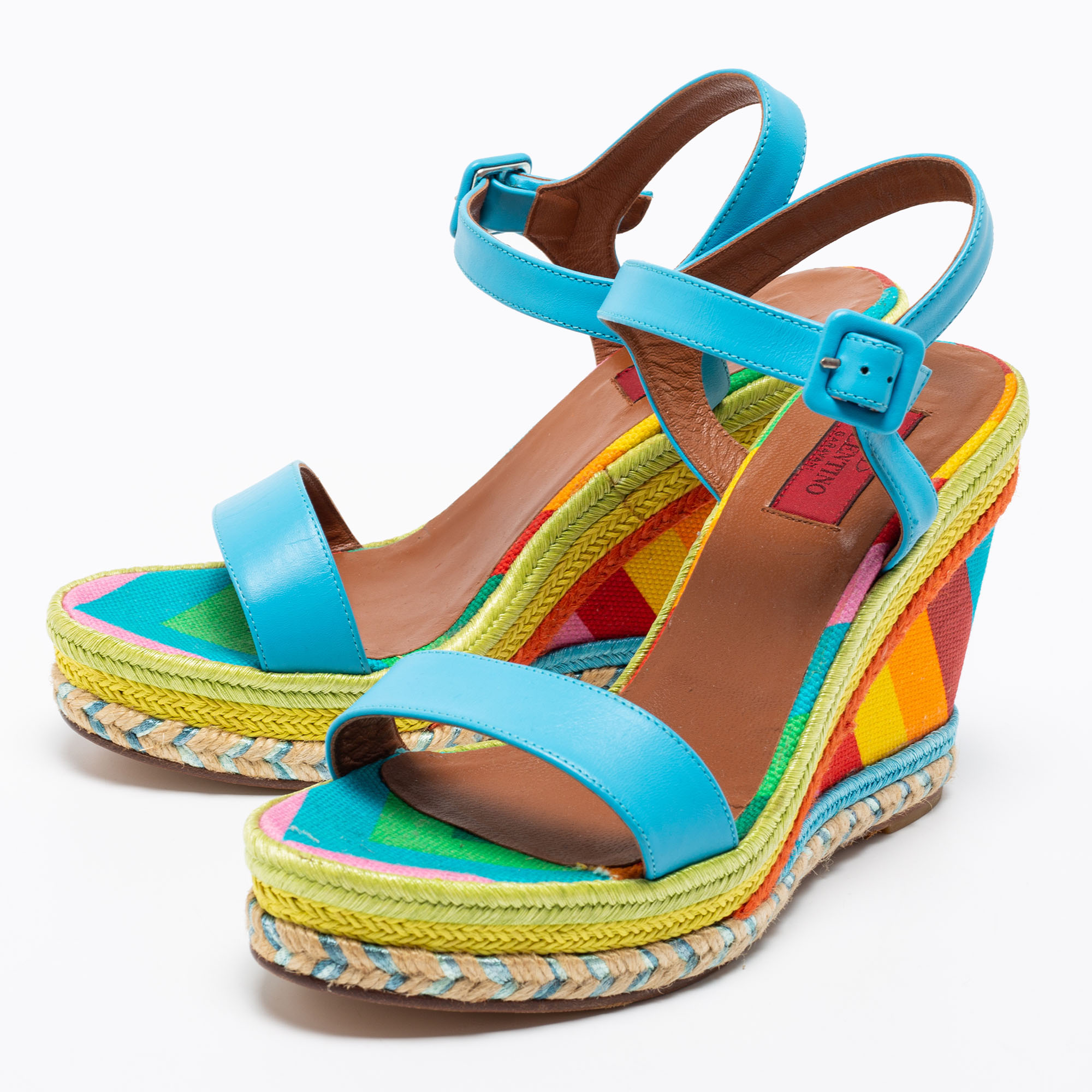 

Valentino Multicolor Leather Wedge Espadrille Sandals Size