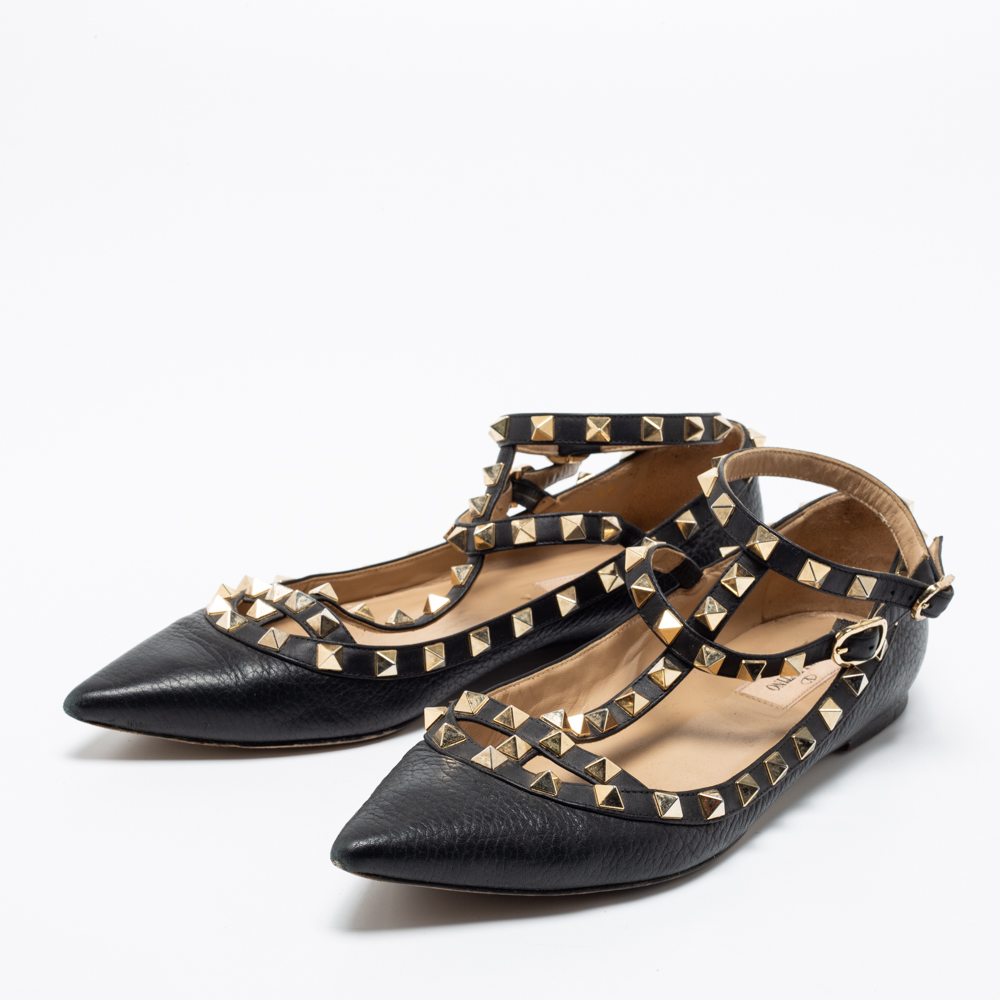 

Valentino Black Leather Studded Ankle Strap Pointed Toe Ballet Flats Size