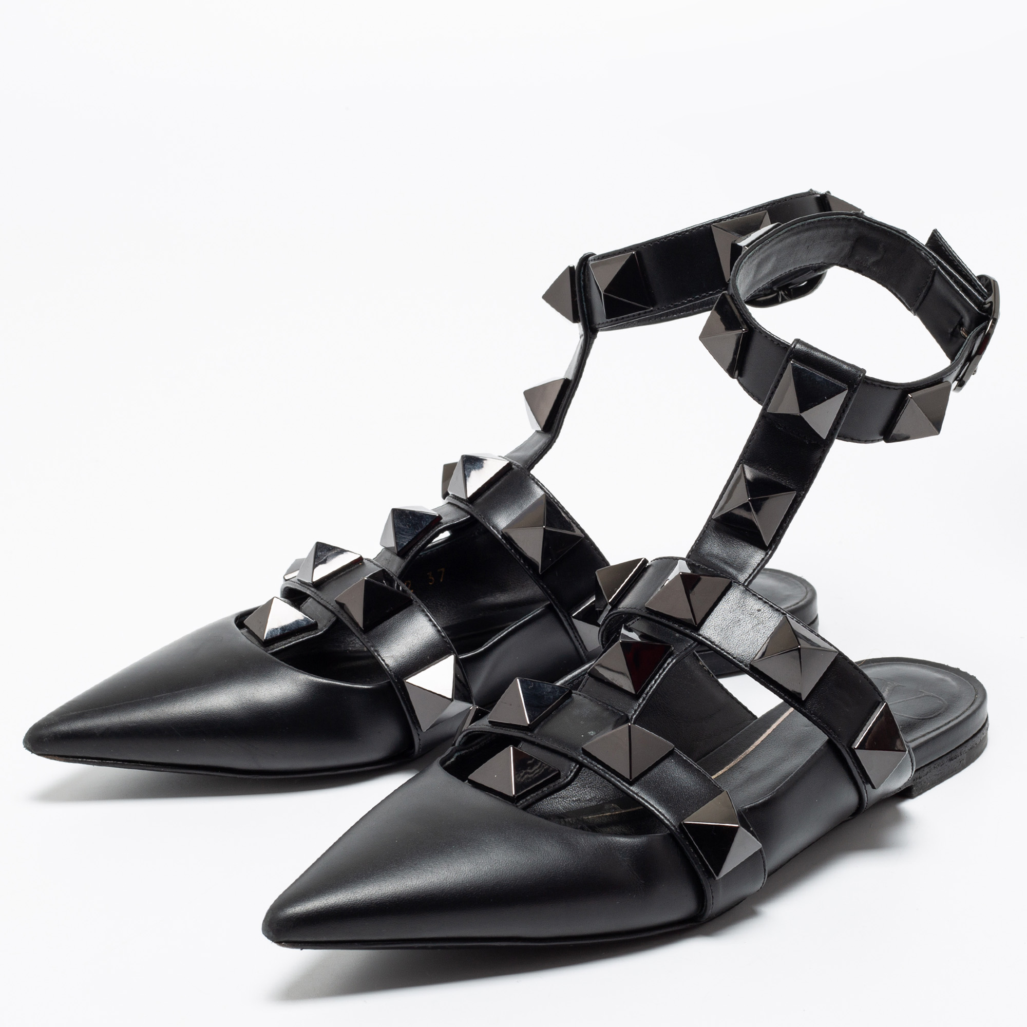 

Valentino Black Leather Roman Stud Ankle Strap Flats Size