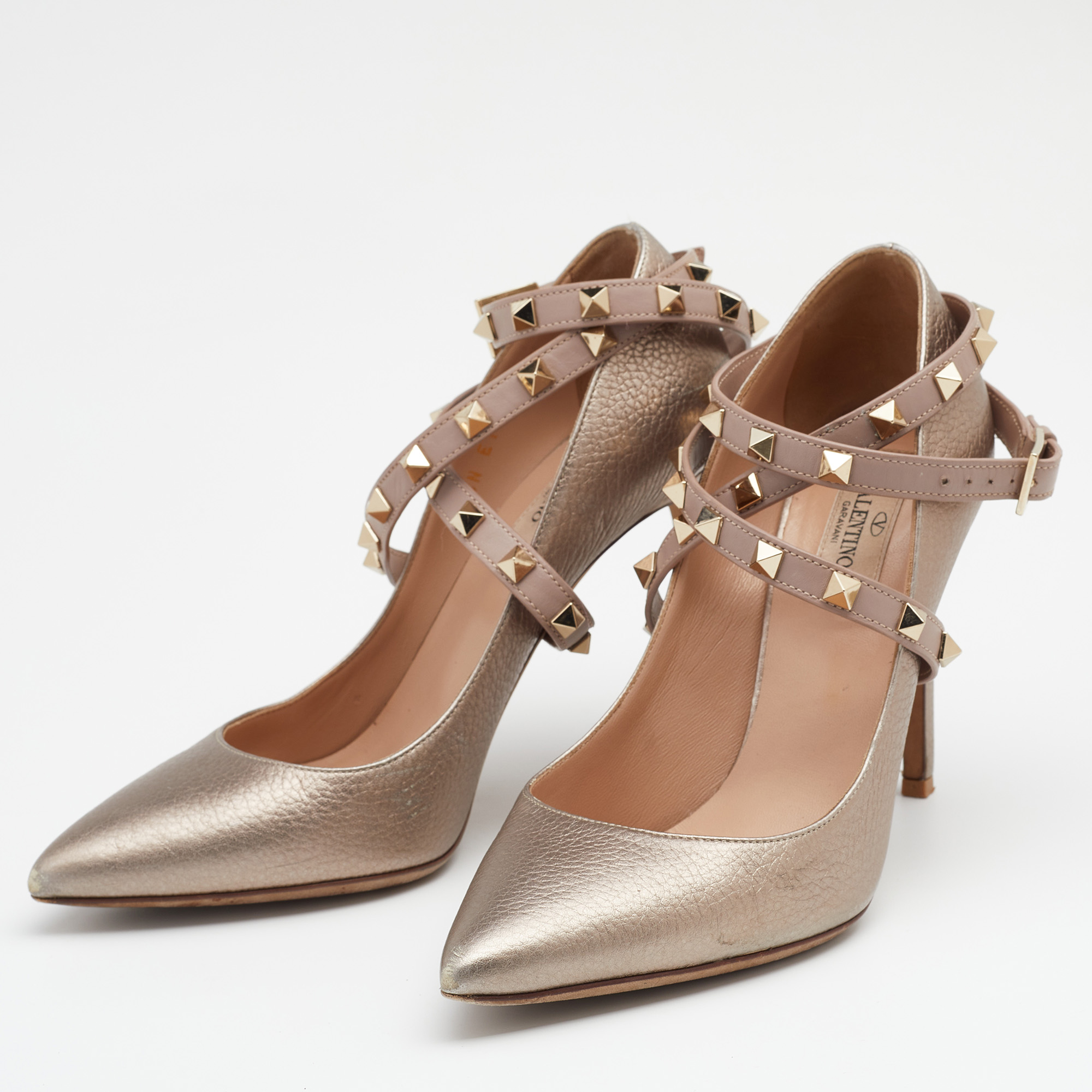 

Valentino Metallic/Beige Leather Rockstud Ankle Wrap Pumps Size