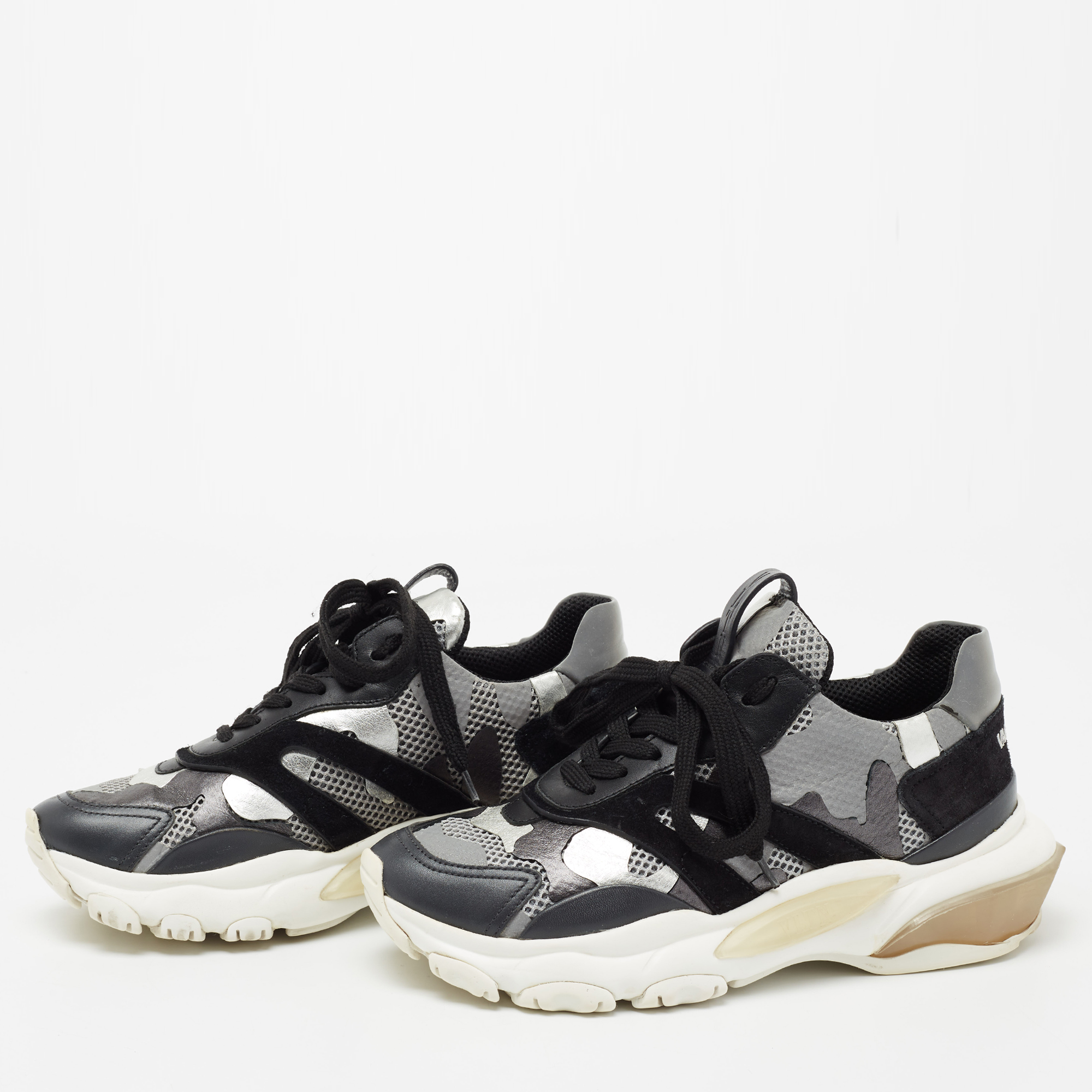 

Valentino Black/Metallic Silver Leather And Suede Camo Print Bounce Sneakers Size, Multicolor