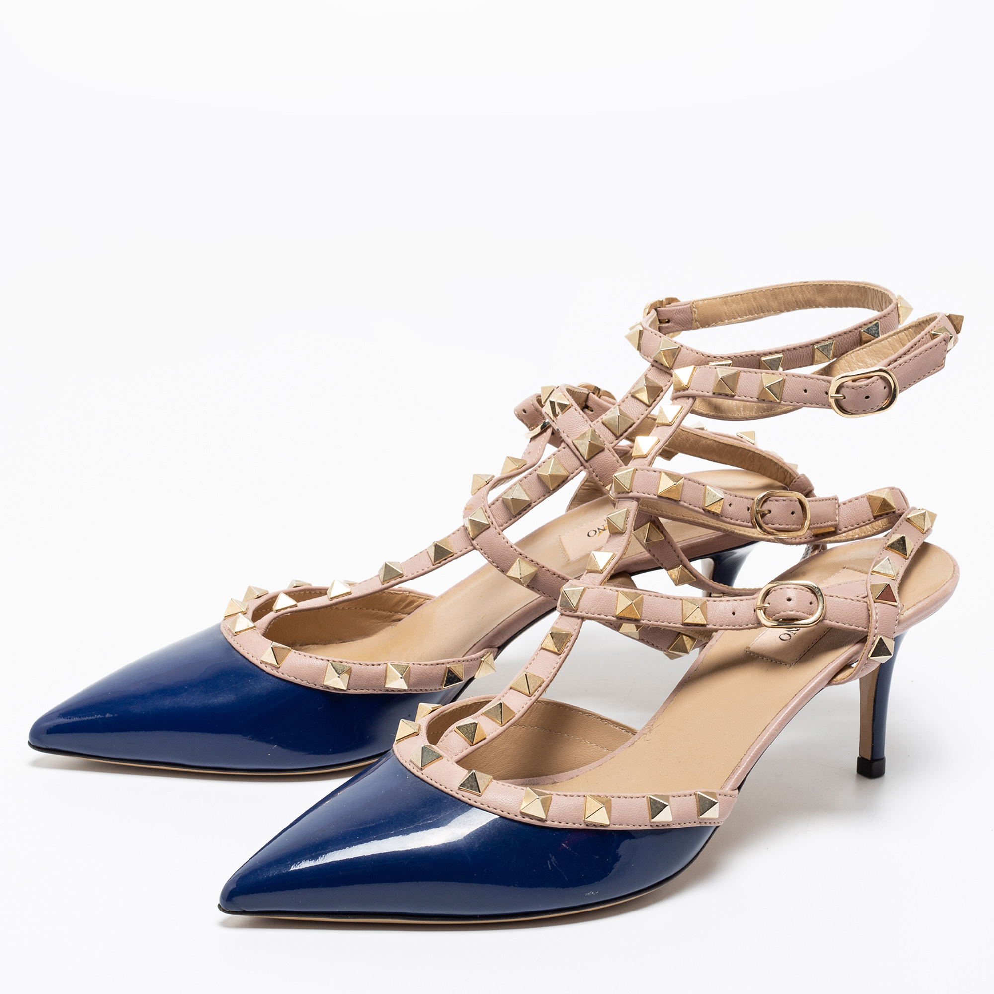 

Valentino Blue/Dusty Pink Patent and Leather Rockstud Ankle-Strap Pumps Size