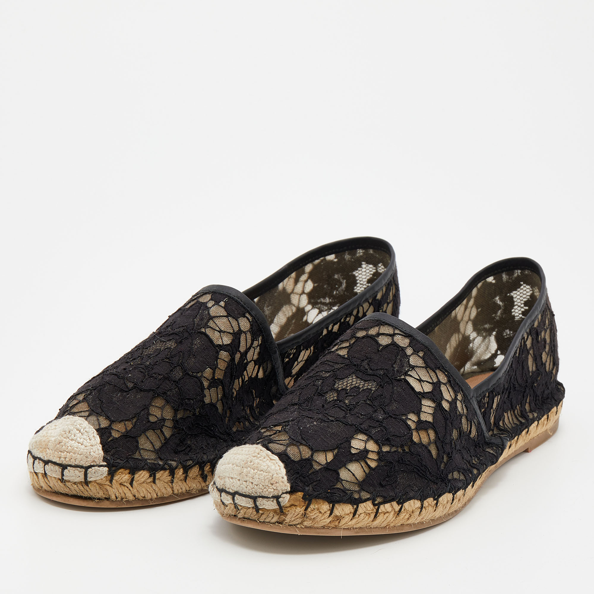 

Valentino Black Floral Lace Espadrille Flats Size