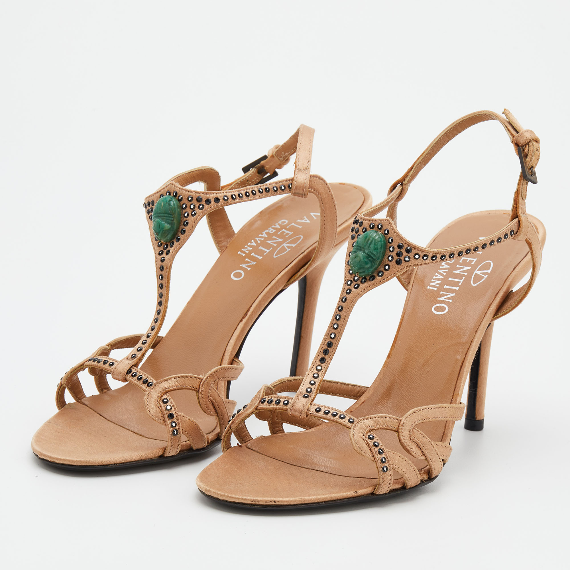 

Valentino Beige Satin Crystal Embellished T-Strap Sandals Size