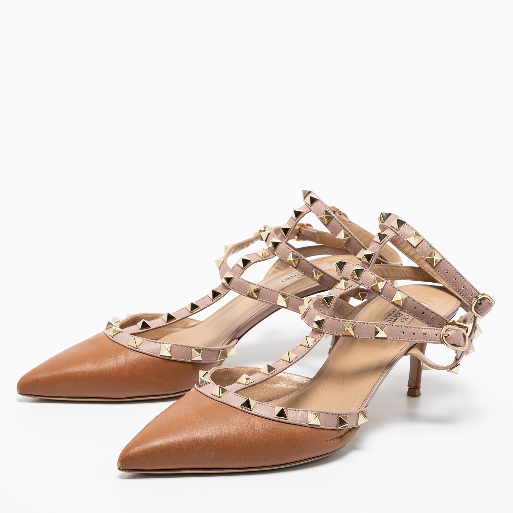 

Valentino Brown/Beige Leather Rockstud Ankle Strap Sandals Size