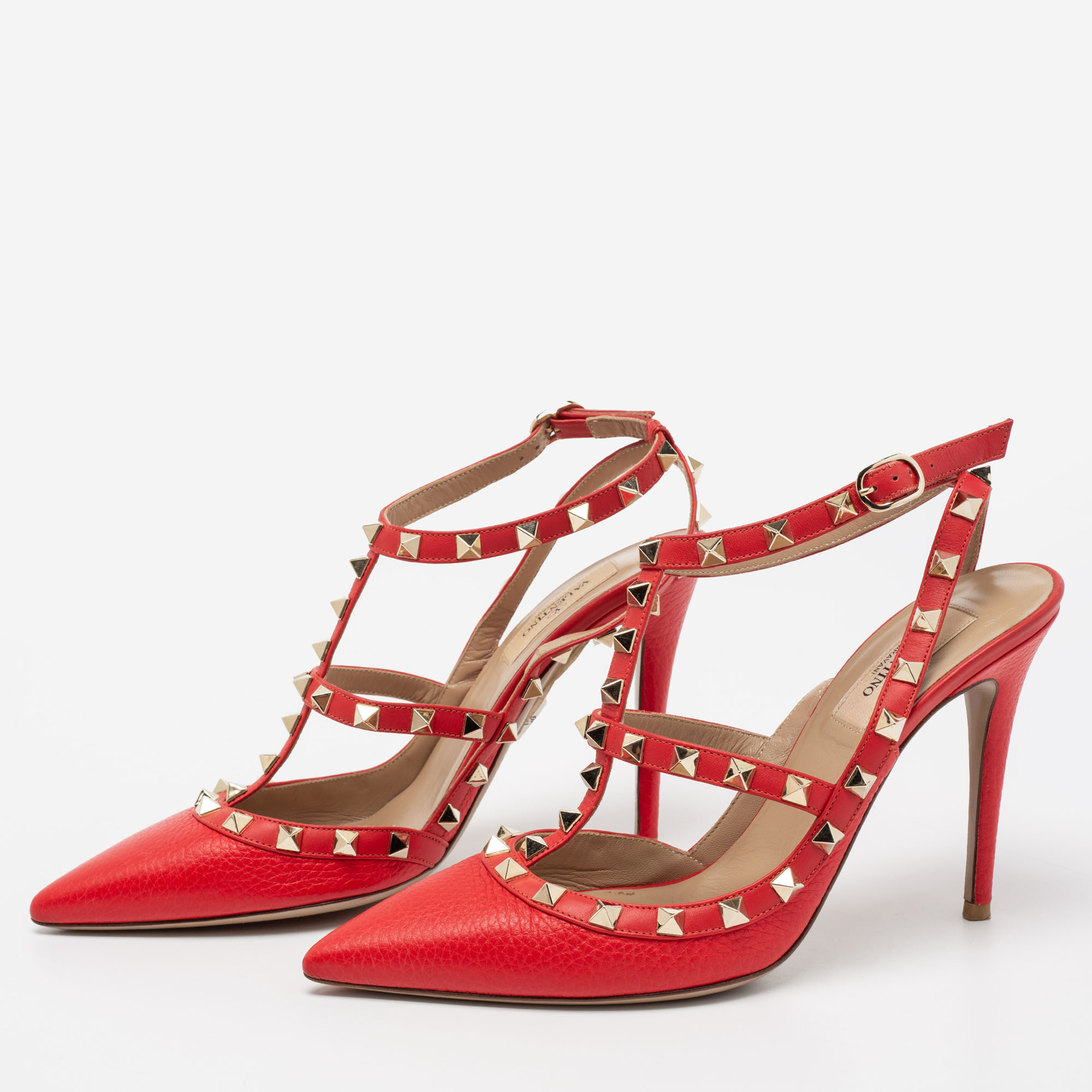 

Valentino Red Leather Rockstud Ankle-Strap Pumps Size