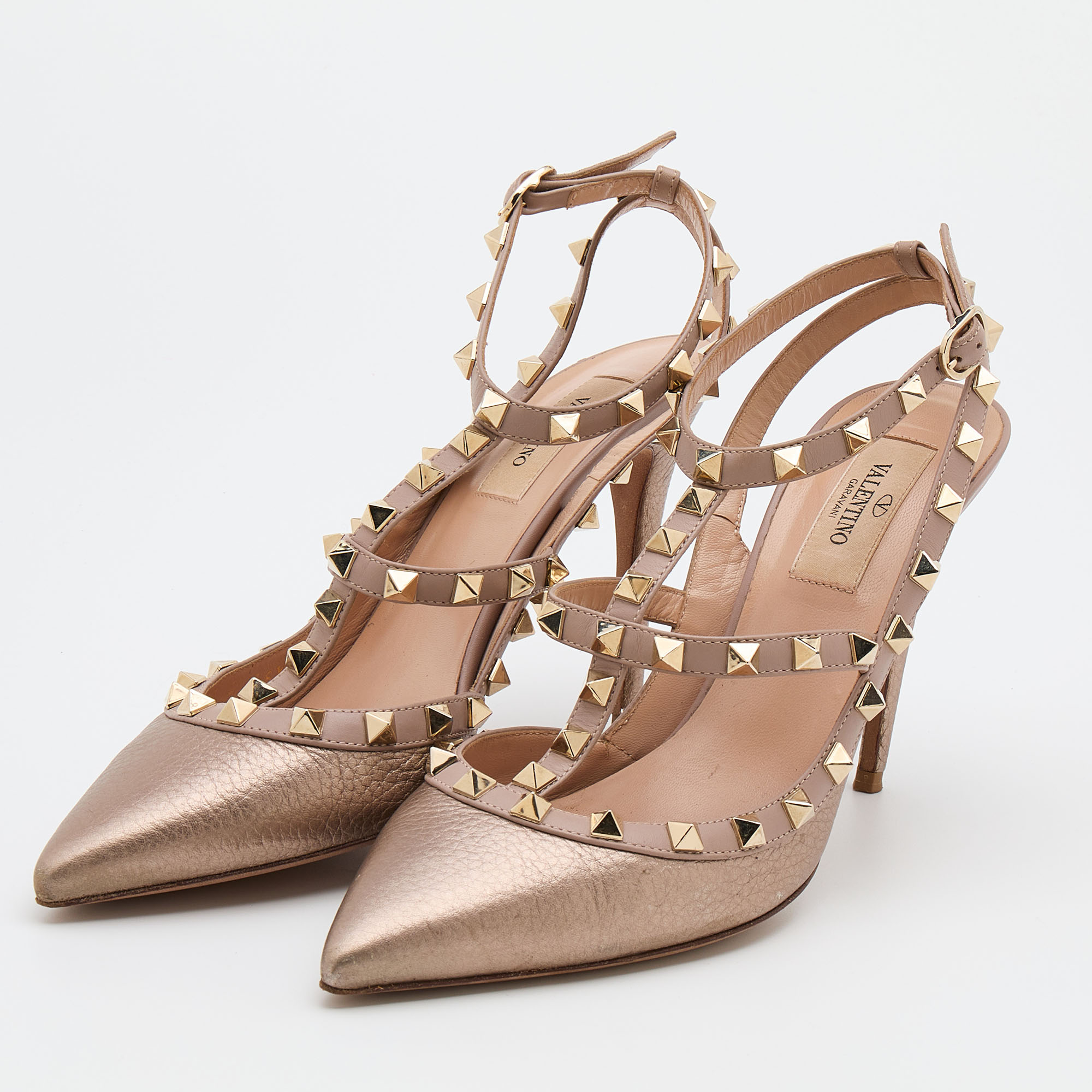 

Valentino Metallic Beige Leather Rockstud Ankle Strap Pumps Size