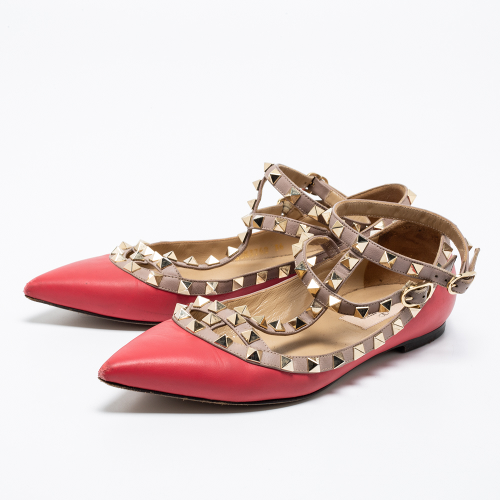 

Valentino Pink/Beige Leather Rockstud Ankle Strap Ballet Flats Size