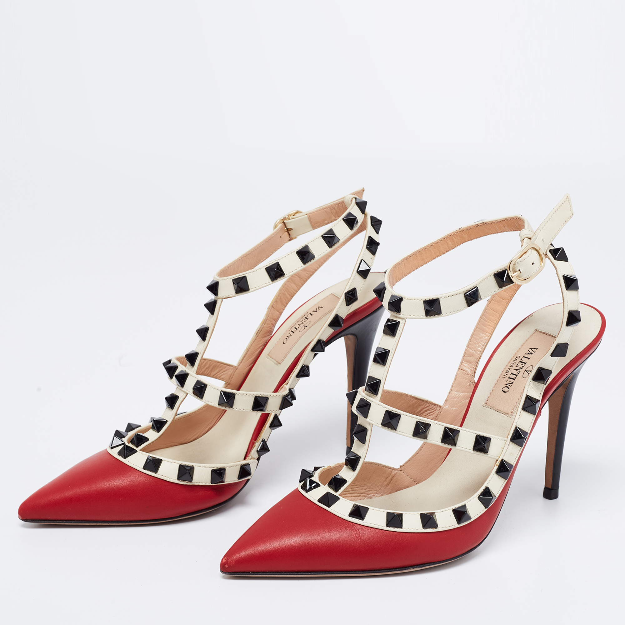 

Valentino Burgundy/White Leather Rockstud Ankle Strap Pumps Size