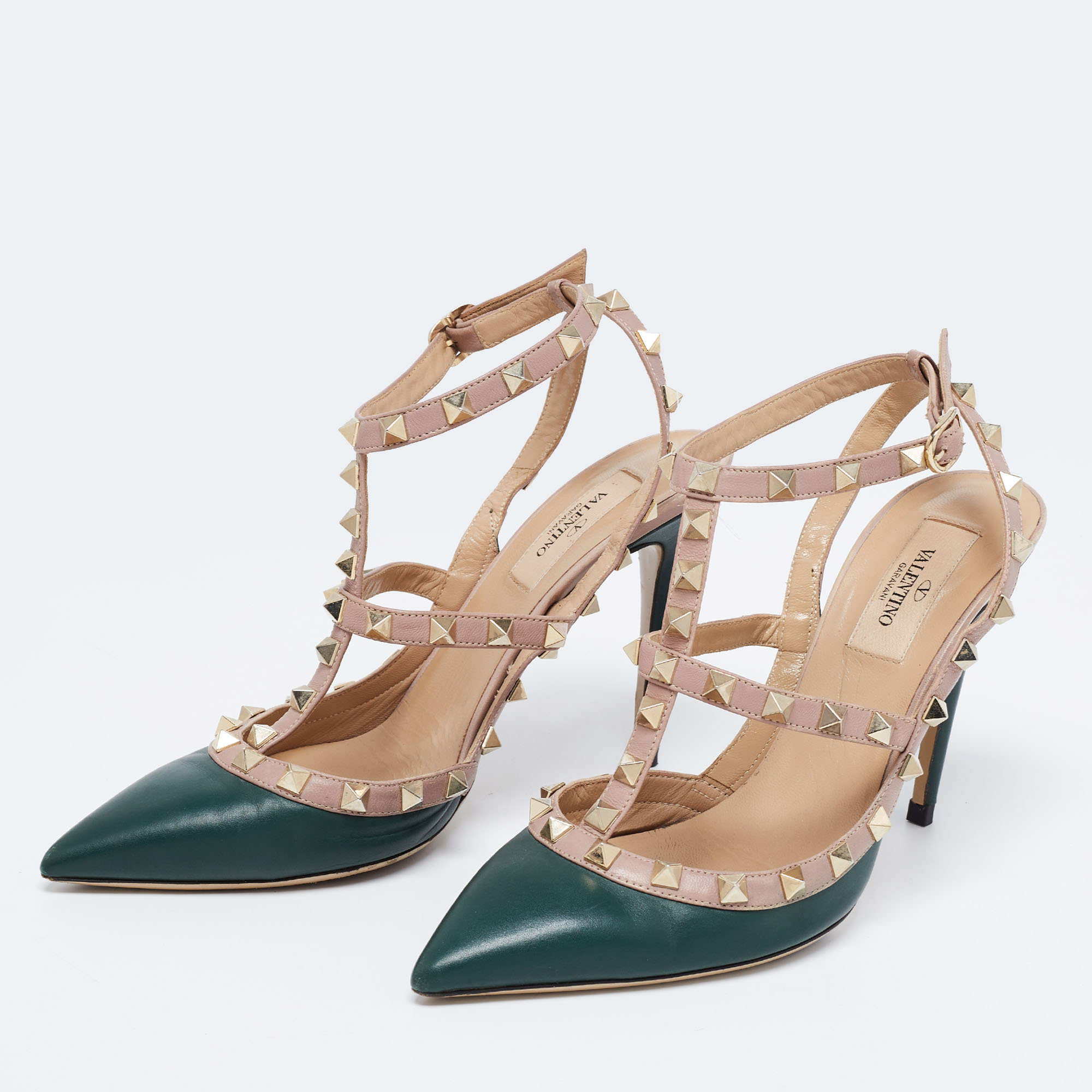 

Valentino Green/Beige Leather Rockstud Ankle-Strap Pumps Size