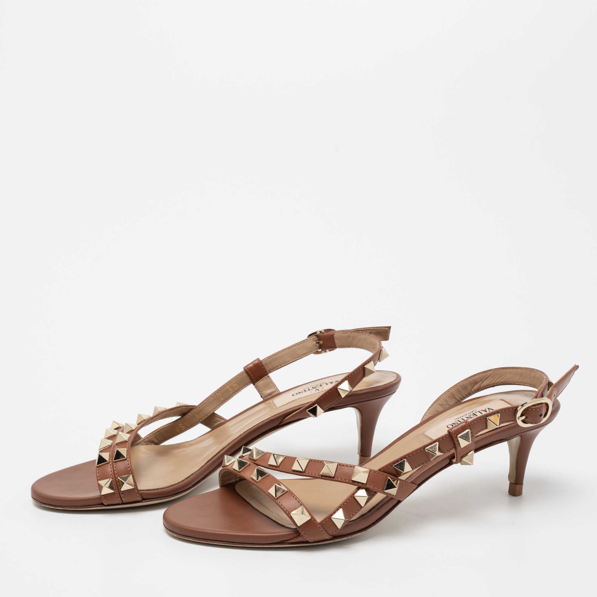 

Valentino Brown Leather Rockstud Slingback Sandals Size