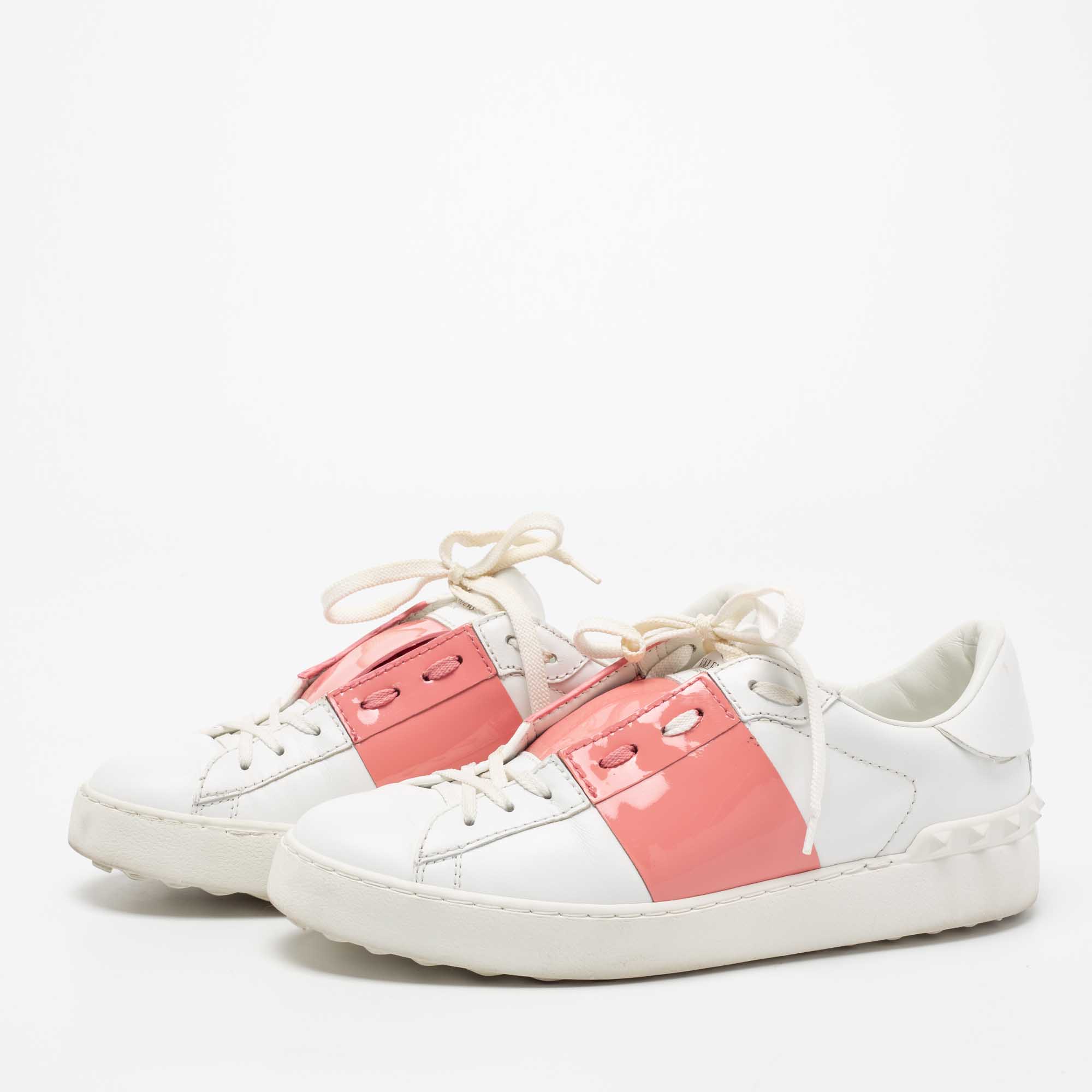 

Valentino White/Pink Leather and Patent Band Low-Top Sneakers Size