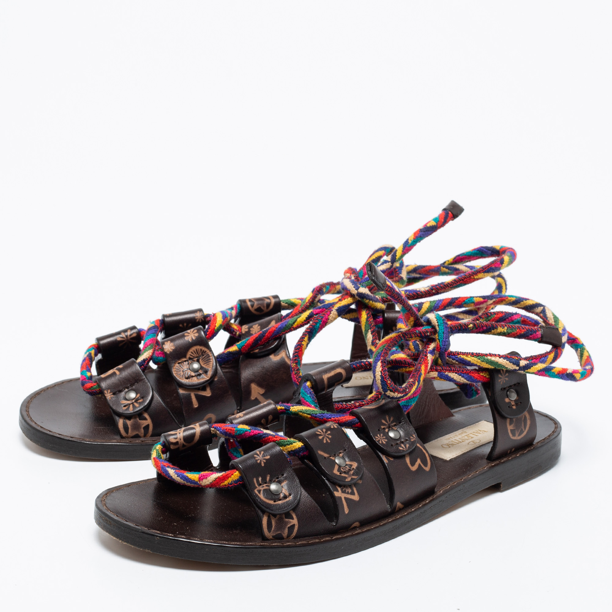 

Valentino Brown Leather And Multicolor Cord Flat Gladiator Sandals Size