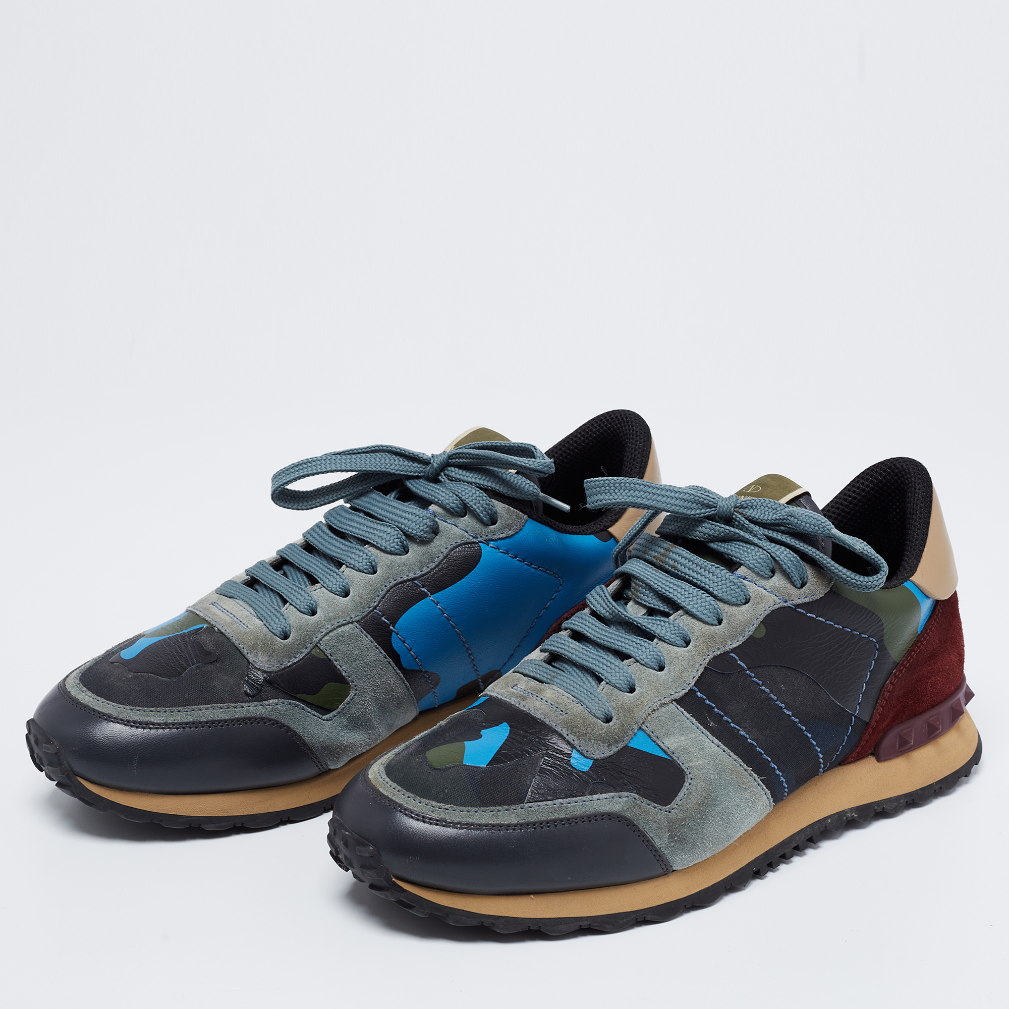 

Valentino Multicolor Suede, Camo Print Leather and Canvas Rockrunner Low-Top Sneakers Size