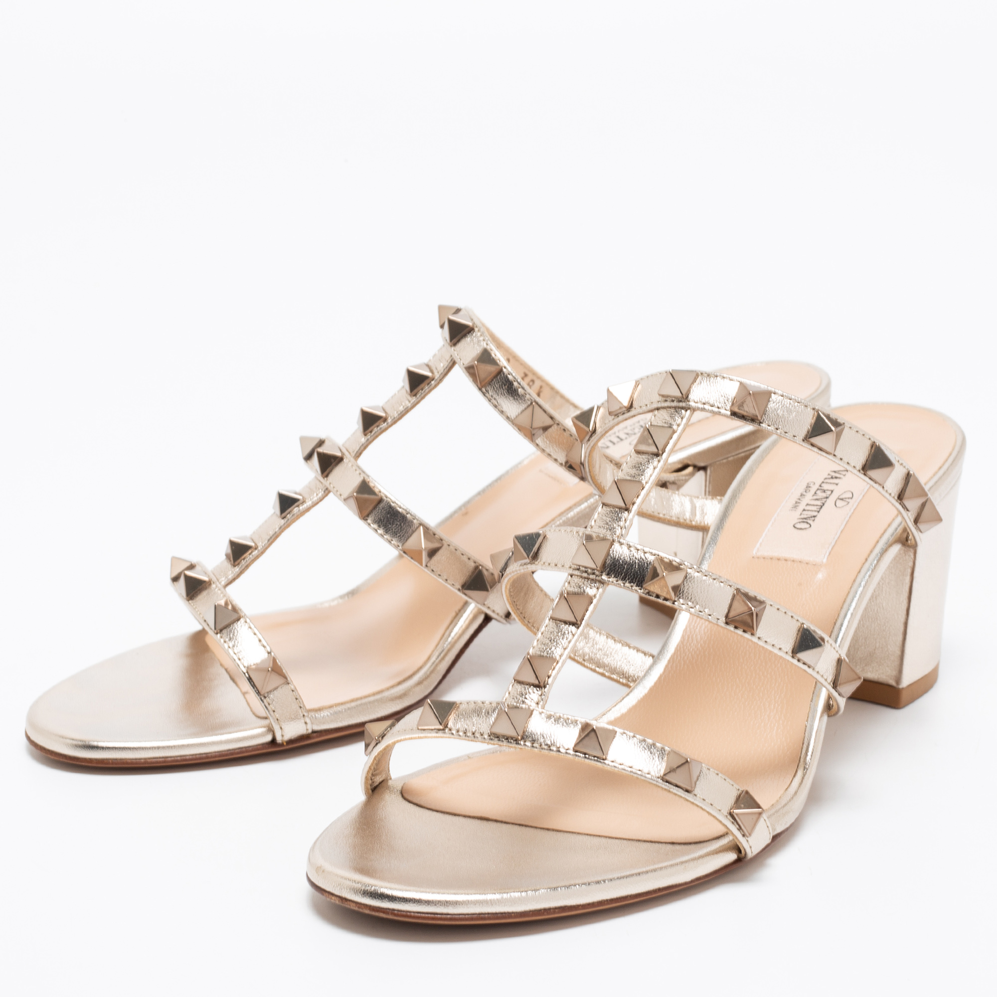 

Valentino Metallic Gold Leather Rockstud Slide Sandals Size