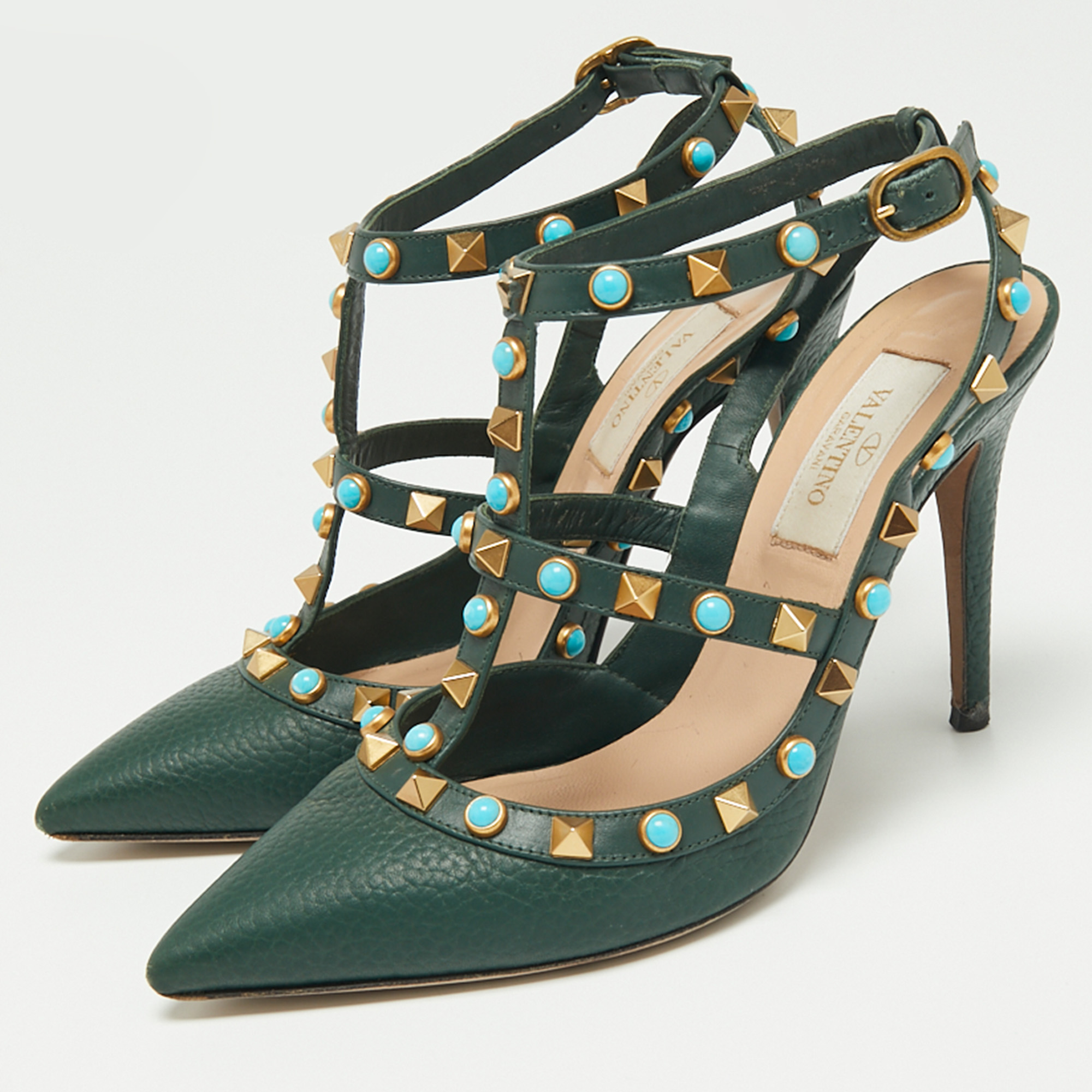 

Valentino Dark Green Leather Rolling Rockstud Ankle Strap Pumps Size