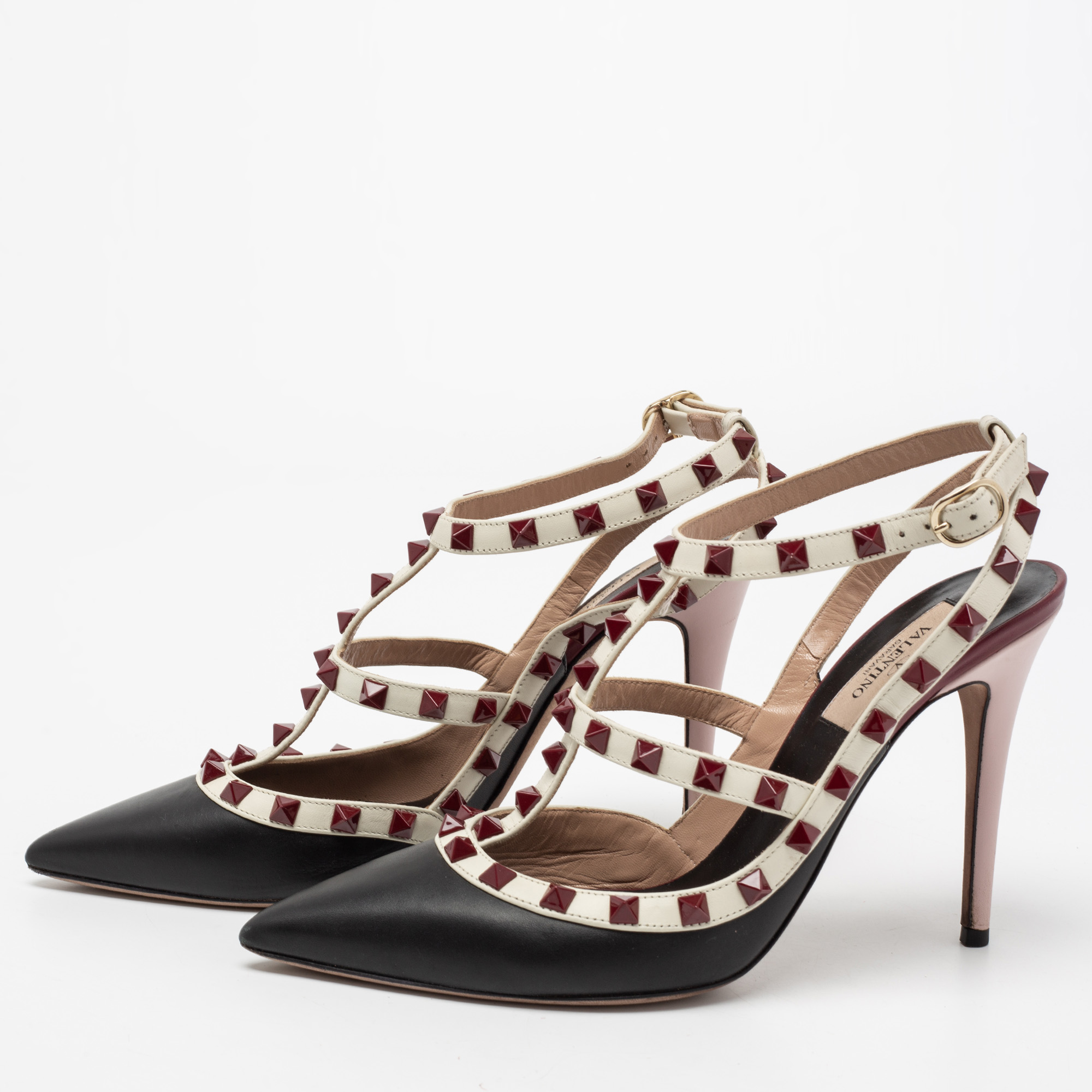 

Valentino Black/White Leather Rockstud Ankle Strap Pumps Size