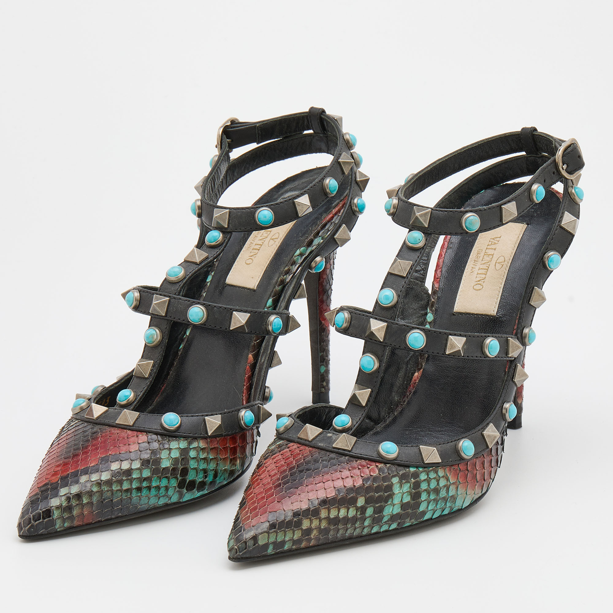 

Valentino Multicolor Python and Leather Rolling Rockstud Ankle Strap Pumps