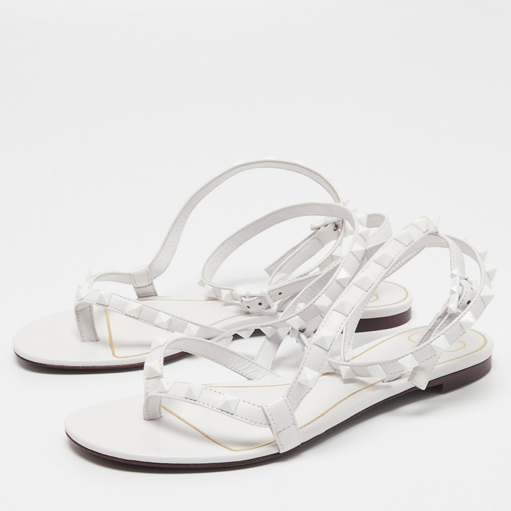 

Valentino White Leather Rockstud Ankle Wrap Flat Sandals Size