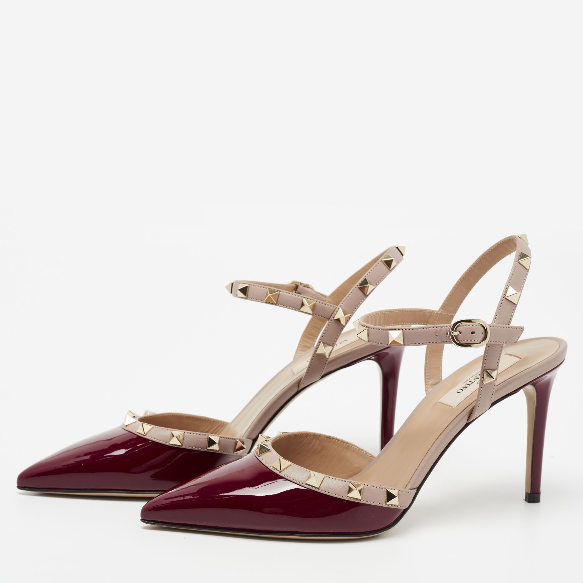 

Valentino Burgundy/Beige Patent And Leather Rockstud Ankle Strap Sandals Size