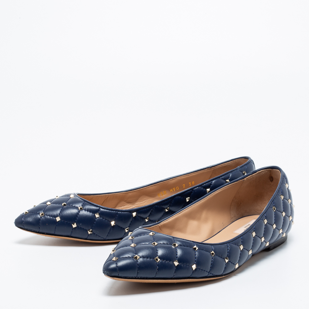 

Valentino Navy Blue Leather Rockstud Ballet Flats Size
