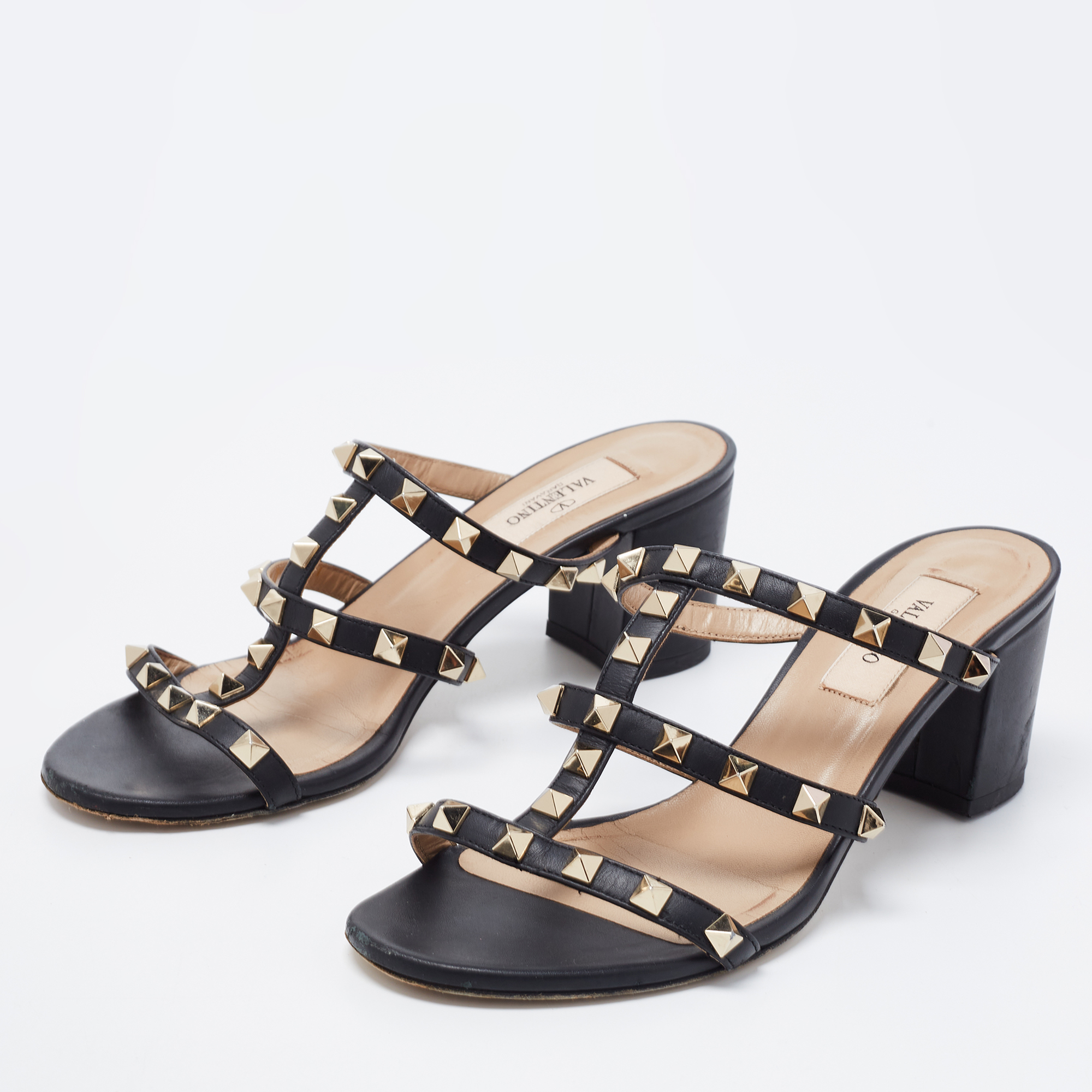 

Valentino Black Leather Rockstud Block Heel Slide Sandals Size