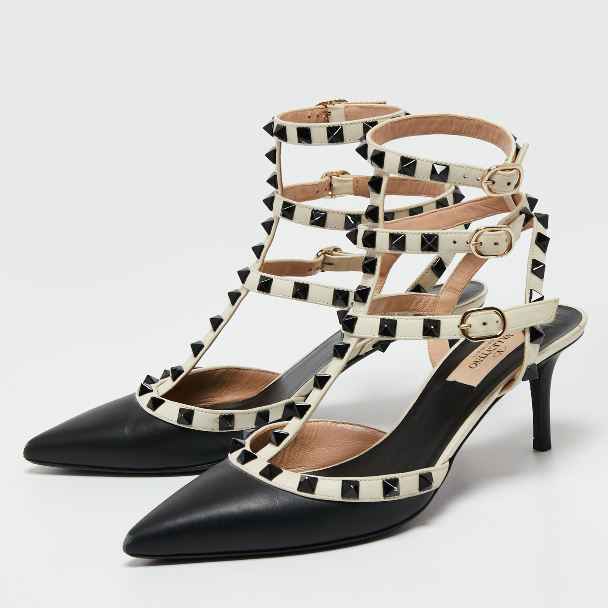 

Valentino Black/Off-White Leather Rockstud Ankle Strap Pumps Size