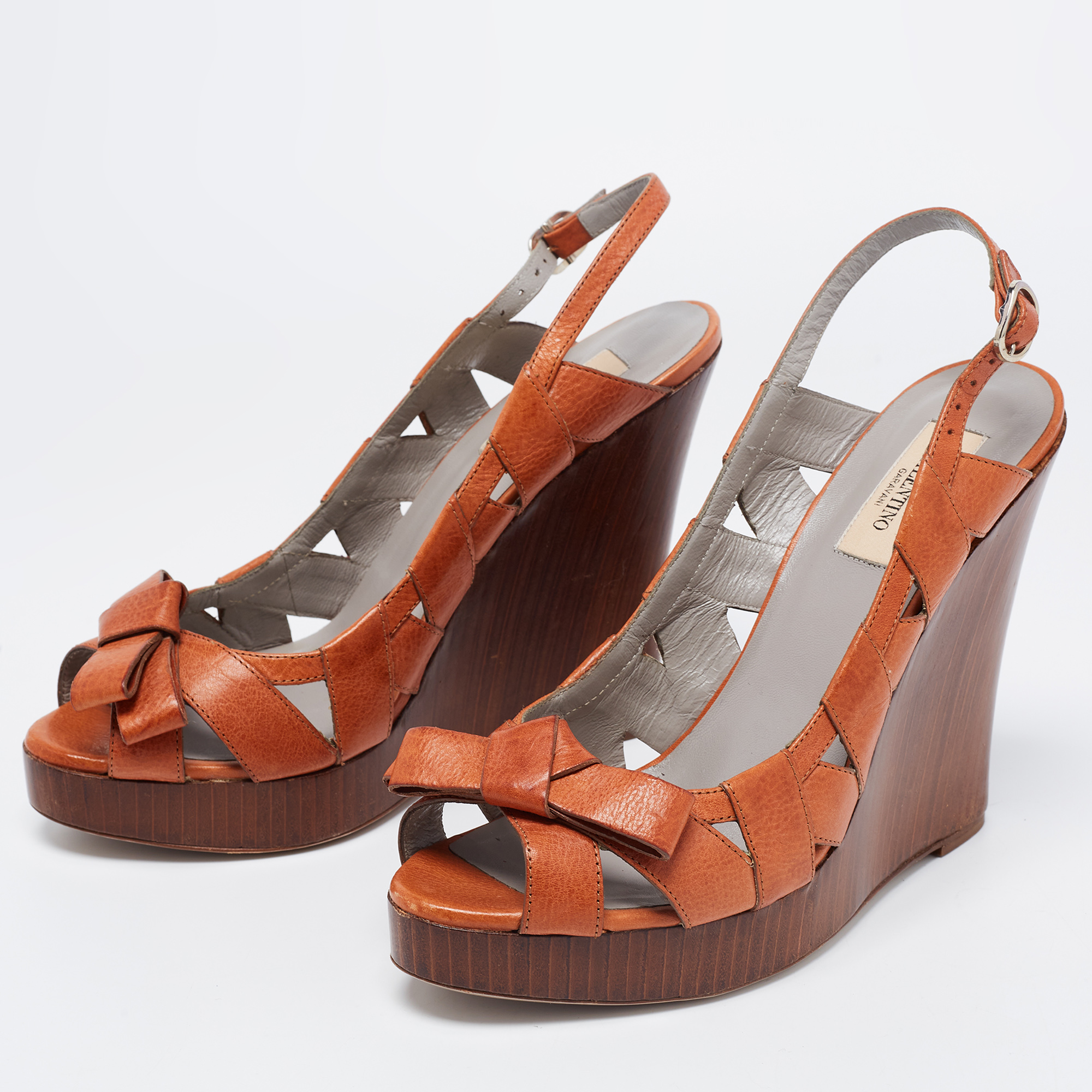 

Valentino Brown Leather Peep Toe Wedge Sandals Size