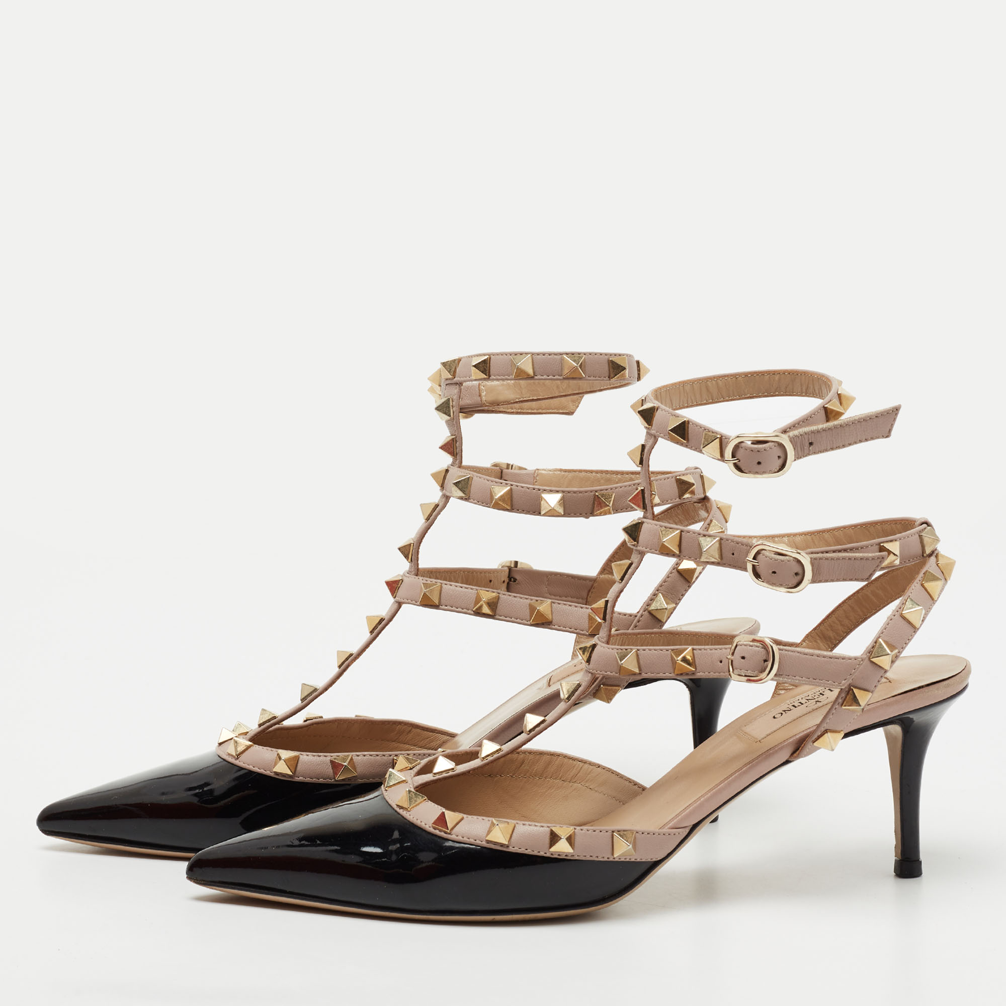 

Valentino Black/Beige Patent And Leather Rockstud Ankle Strap Sandals Size