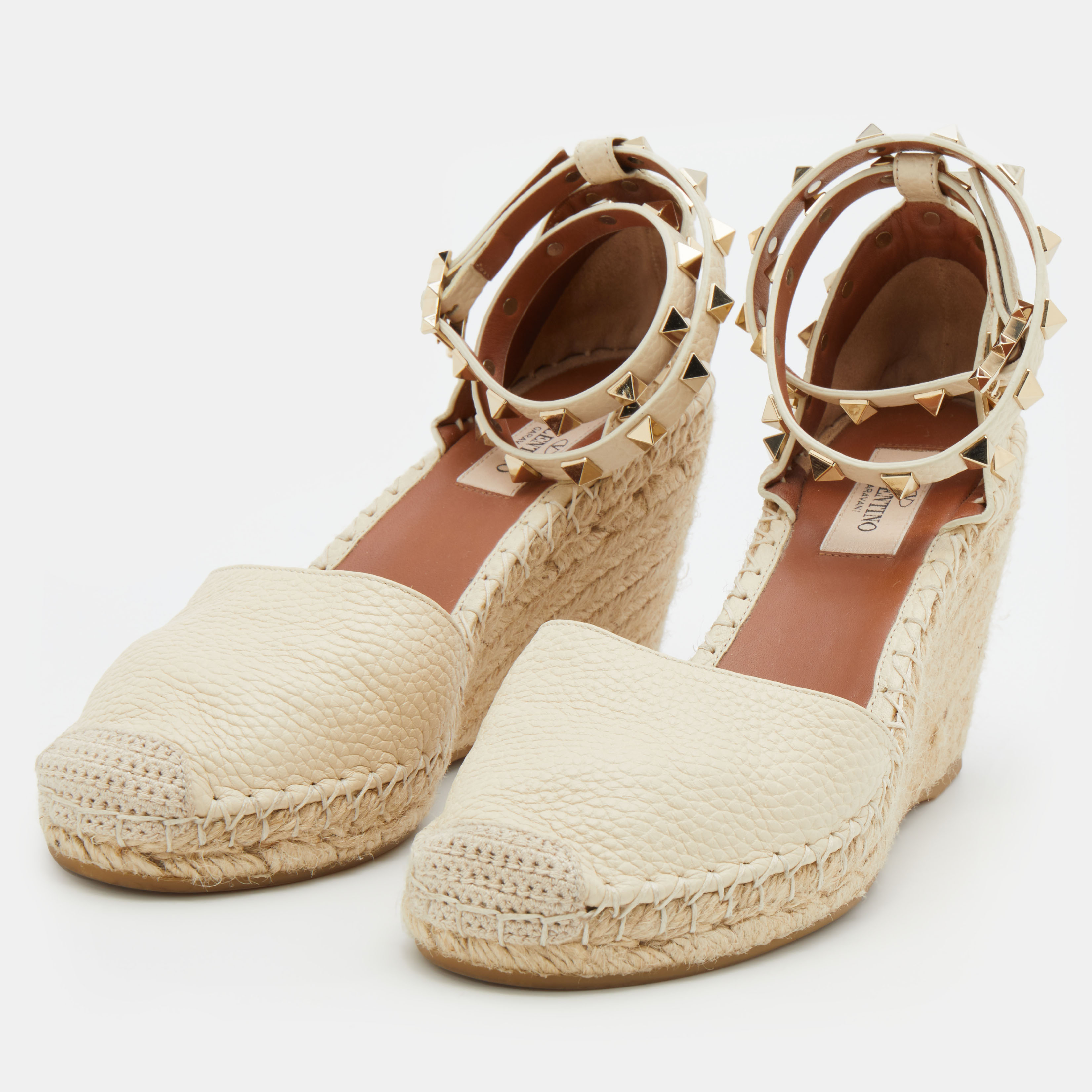 

Valentino Cream Leather Rockstud Espadrille Wedge Sandals Size