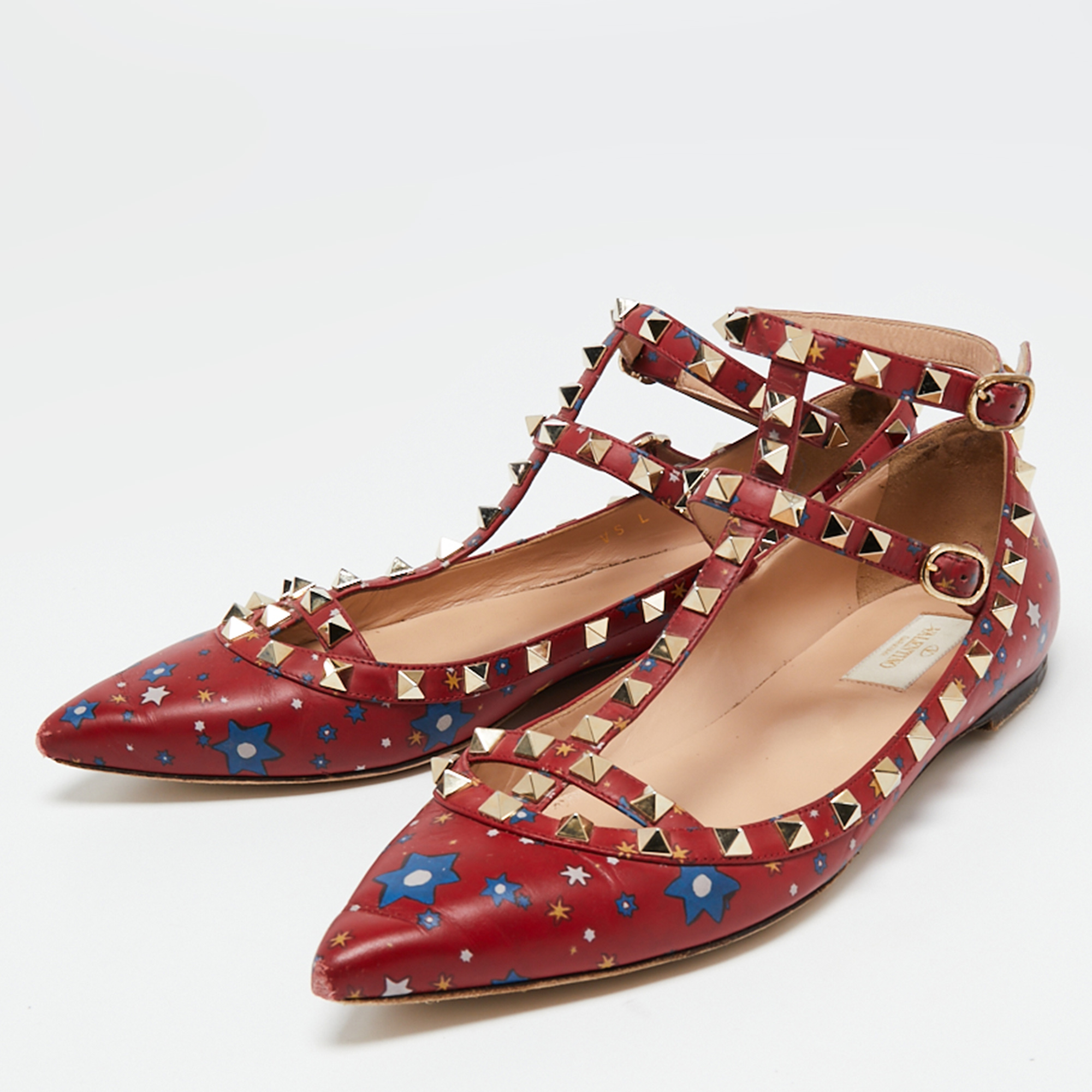 

Valentino Deep Red Printed Leather Rockstud Ankle-Strap Ballet Flats Size