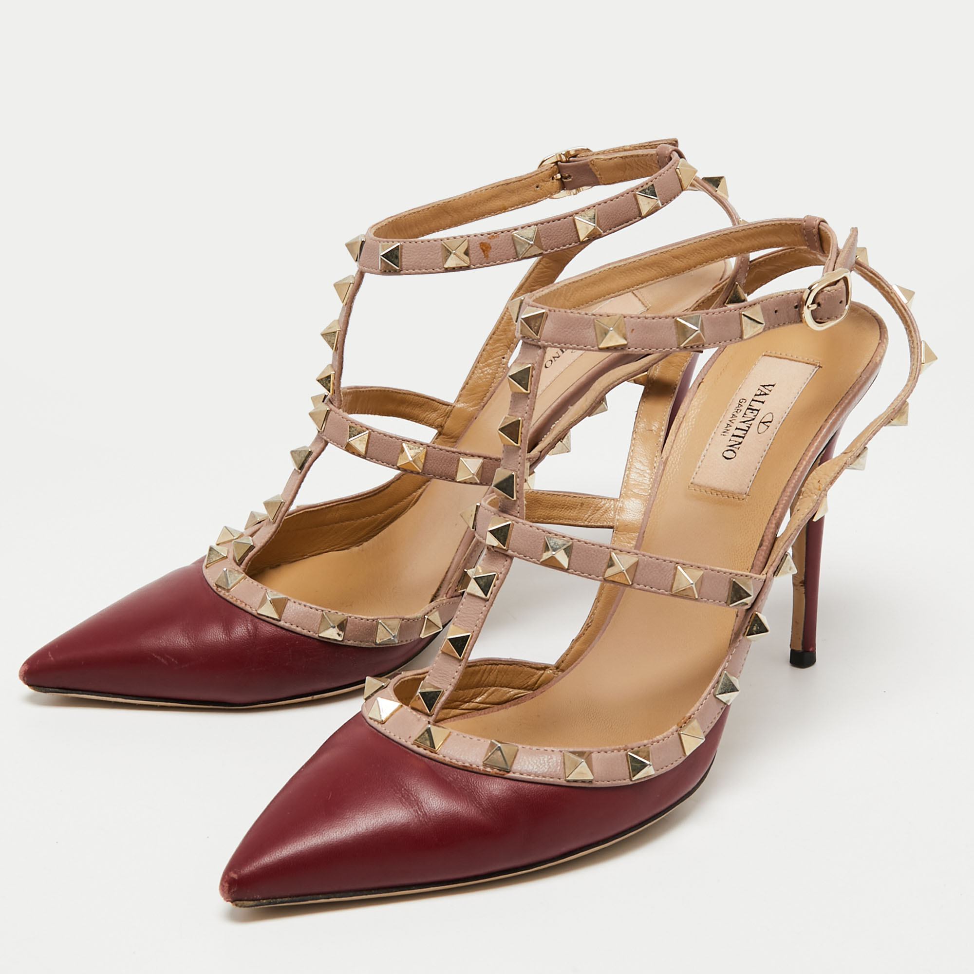 

Valentino Burgundy/Dusty Pink Leather Rockstud Ankle Strap Pumps Size