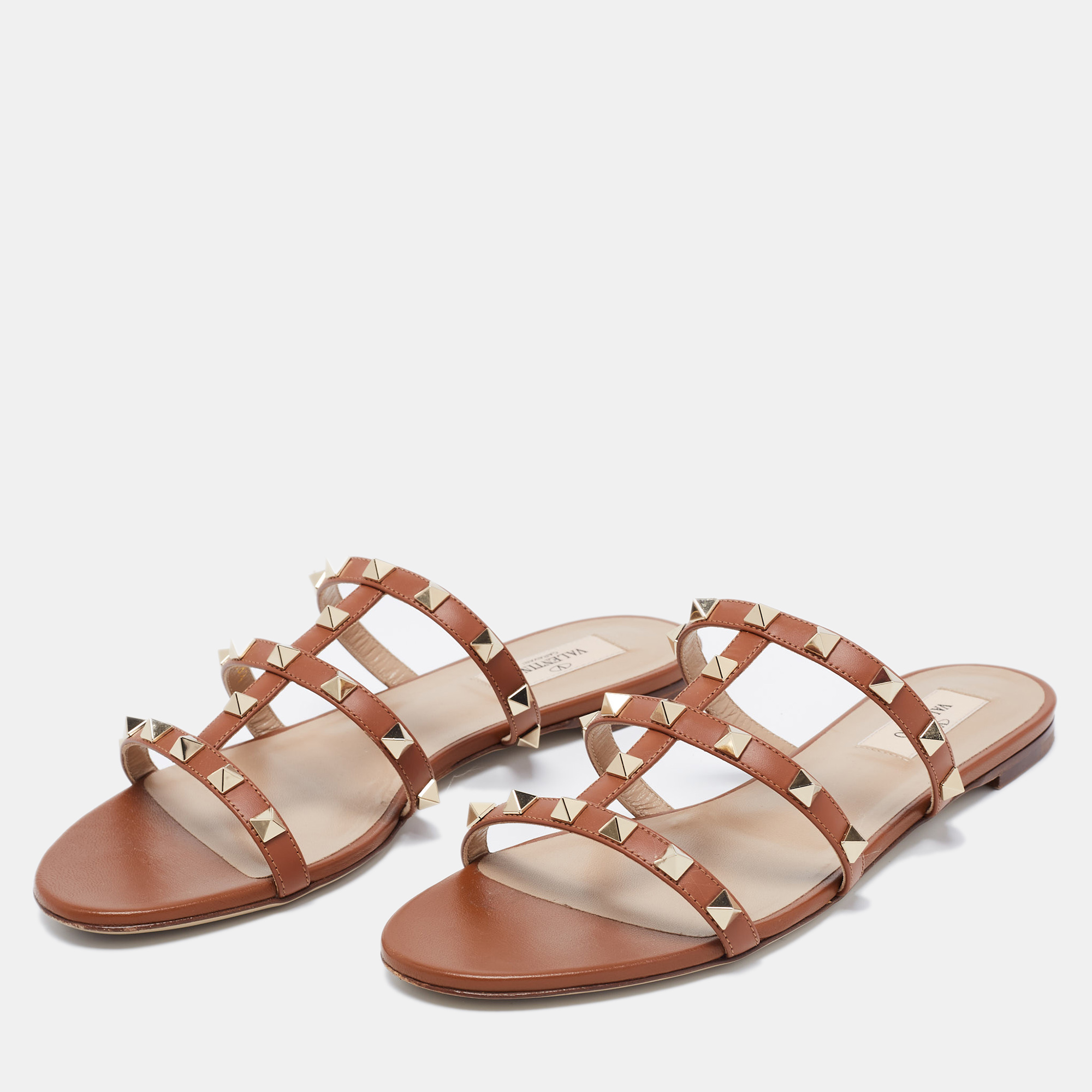 

Valentino Brown Leather Rockstud Flats Size, Beige
