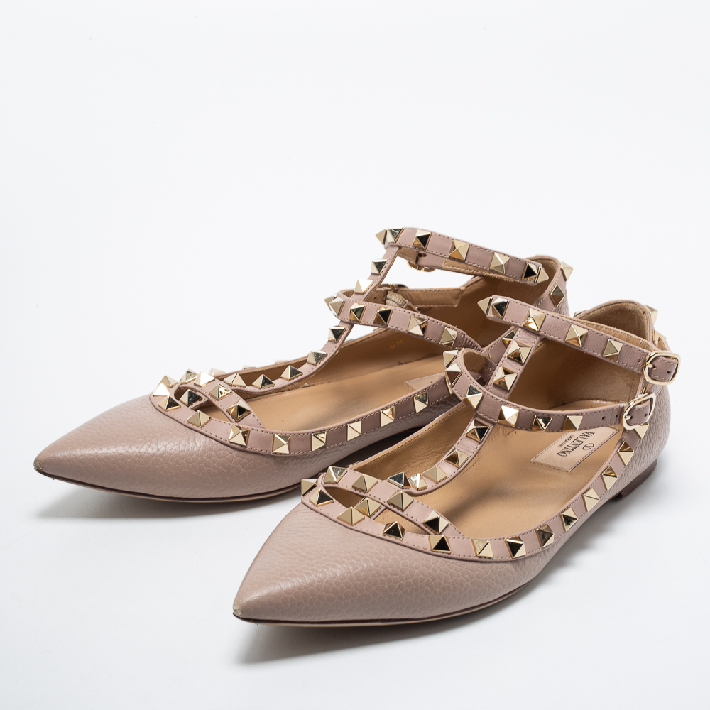

Valentino Dusty Pink Leather Rockstud Ankle-Strap Ballet Flats Size