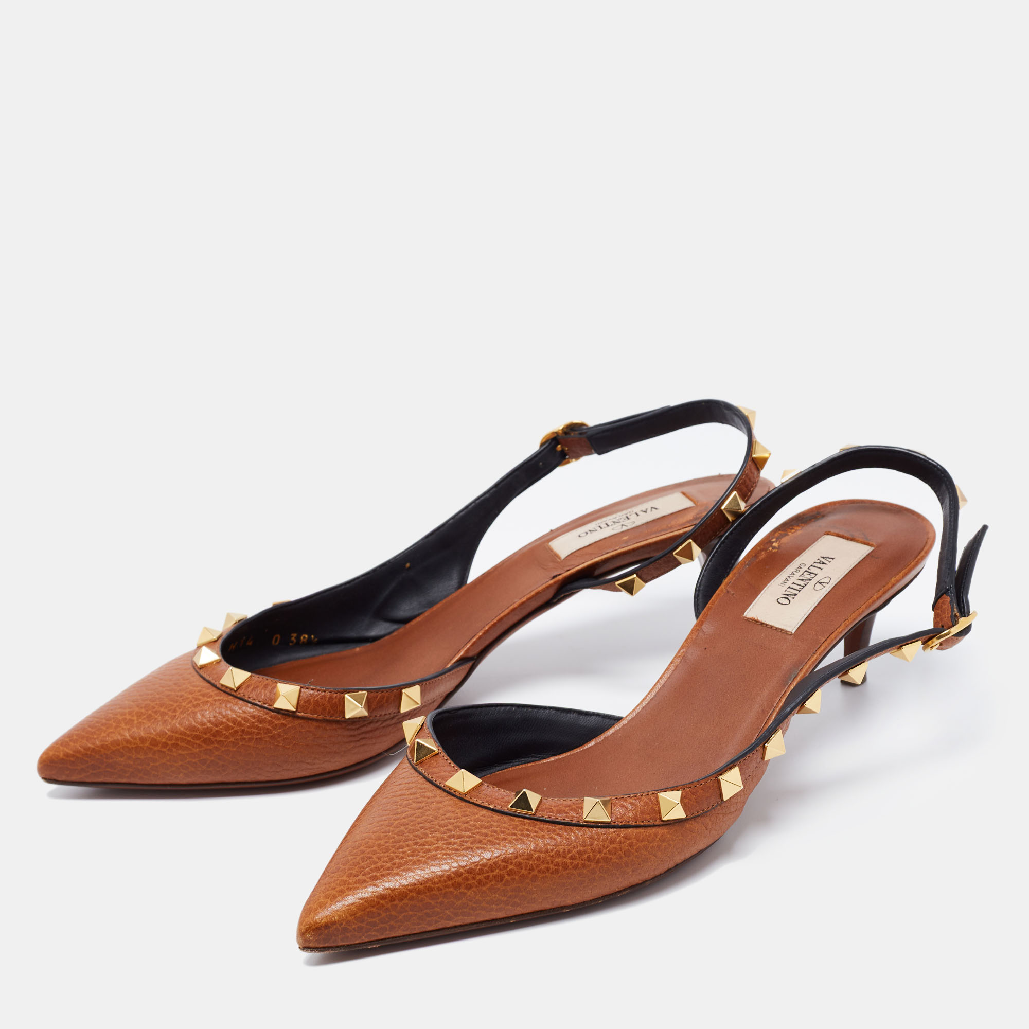 

Valentino Brown Leather Rockstud Slingback Pumps Size
