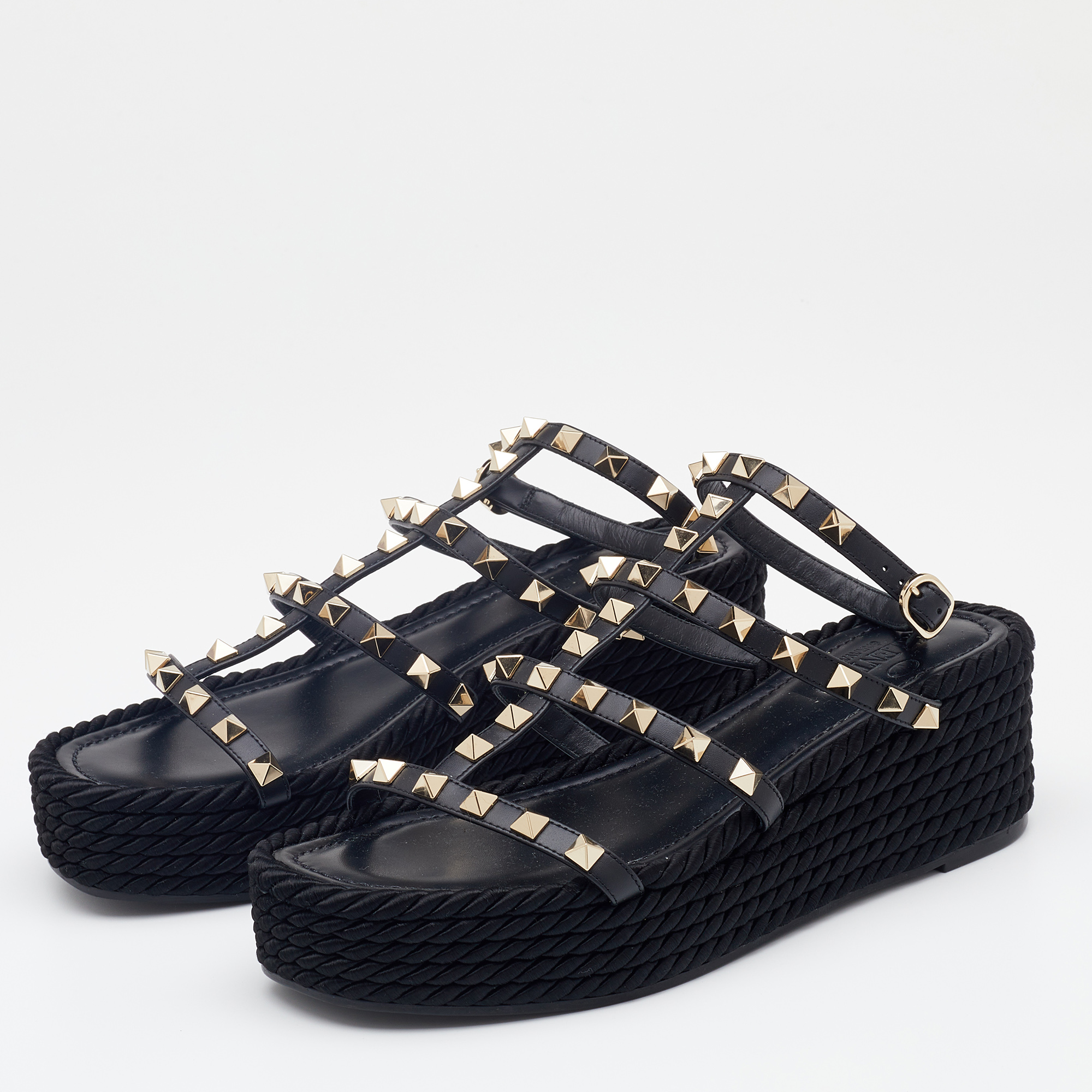 

Valentino Black Leather Torchon Rockstud Platform Flat Sandals Size