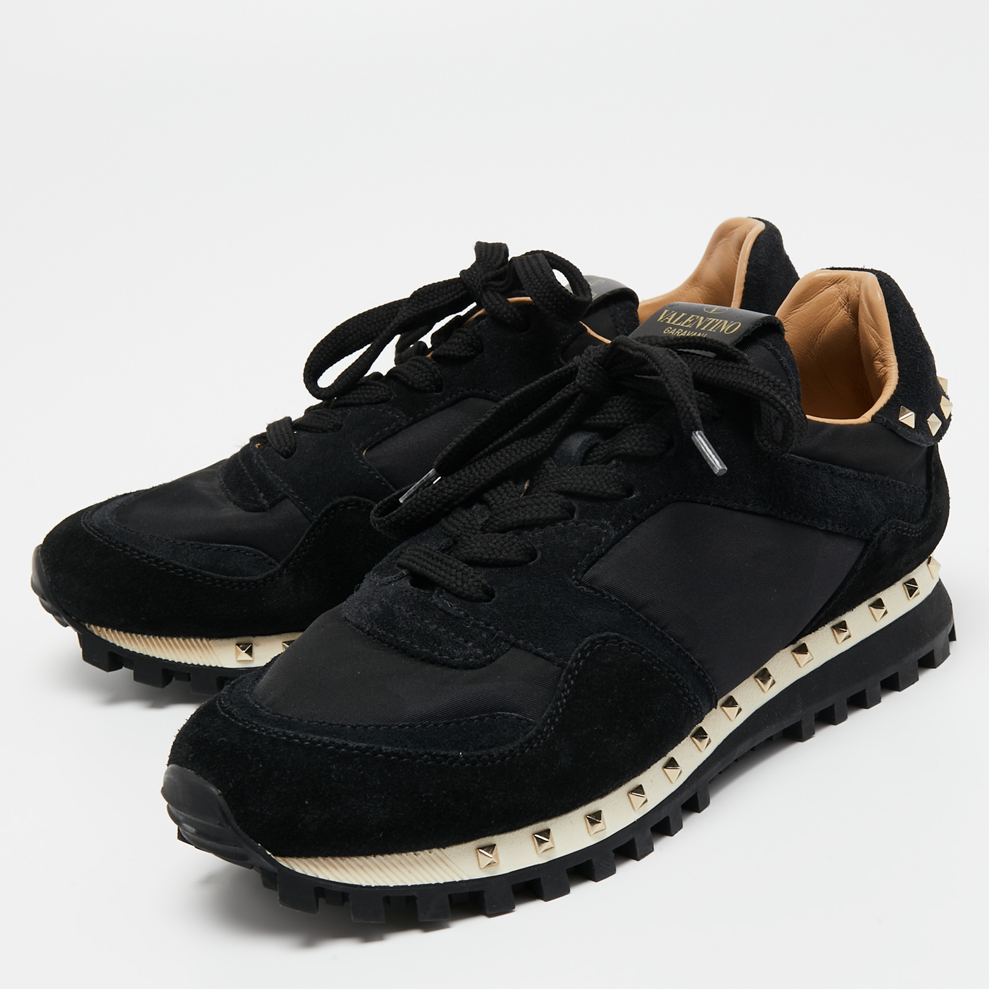 

Valentino Black Suede and Camouflage Fabric Rockstud Low Top Sneakers Size