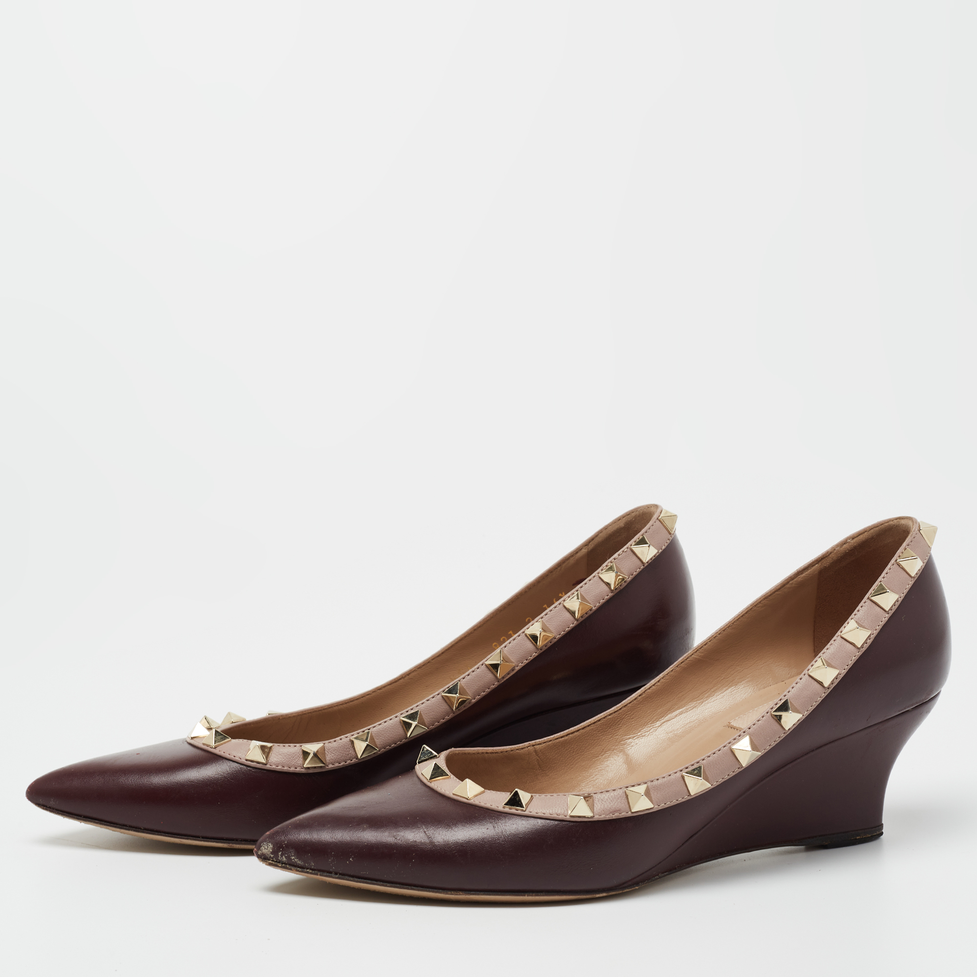 

Valentino Burgundy/Beige Leather Rockstud Wedge Pumps Size