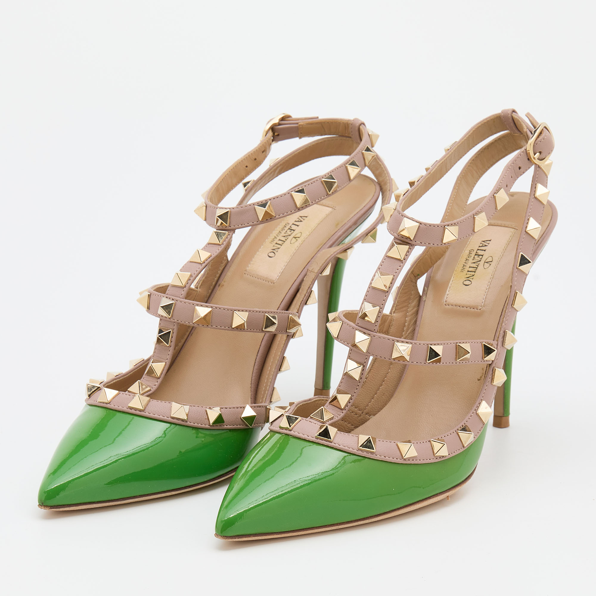 

Valentino Green/Beige Patent Leather Rockstud Caged Ankle Strap Pumps Size