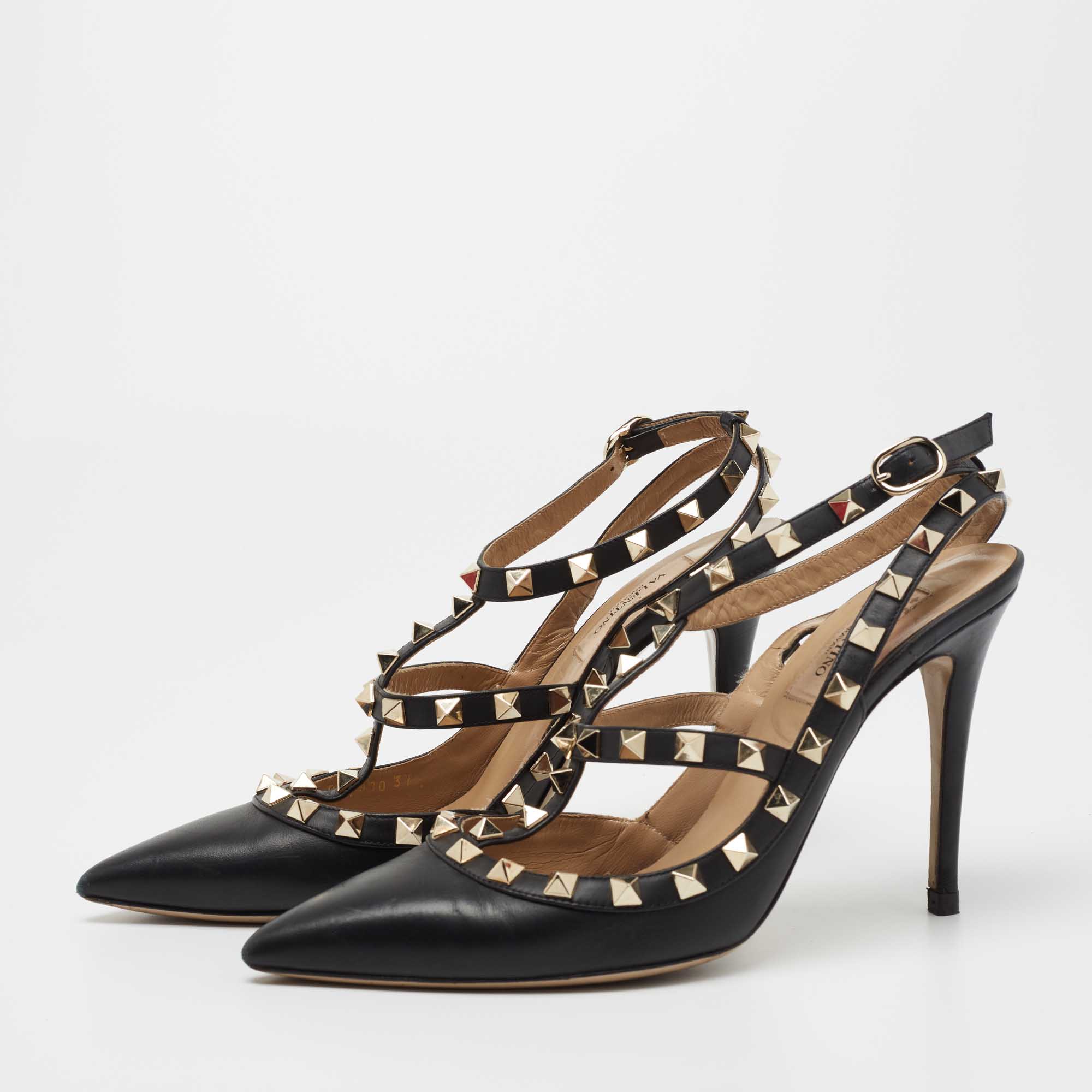 

Valentino Black Leather Rockstud Ankle Strap Pumps Size